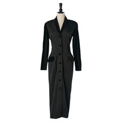 Long black wool coat with velvet sleeve, collar and pocket flap CHANTAL THOMASS