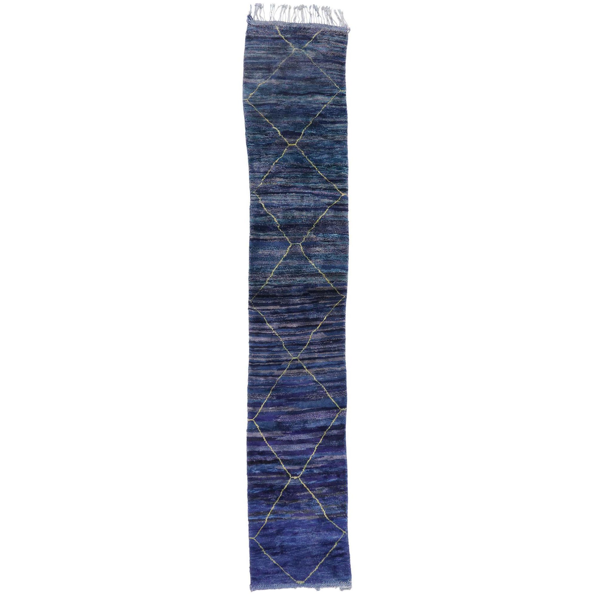 Long Blue Abstract Moroccan Rug Runner by Berber Tribes of Morocco For Sale