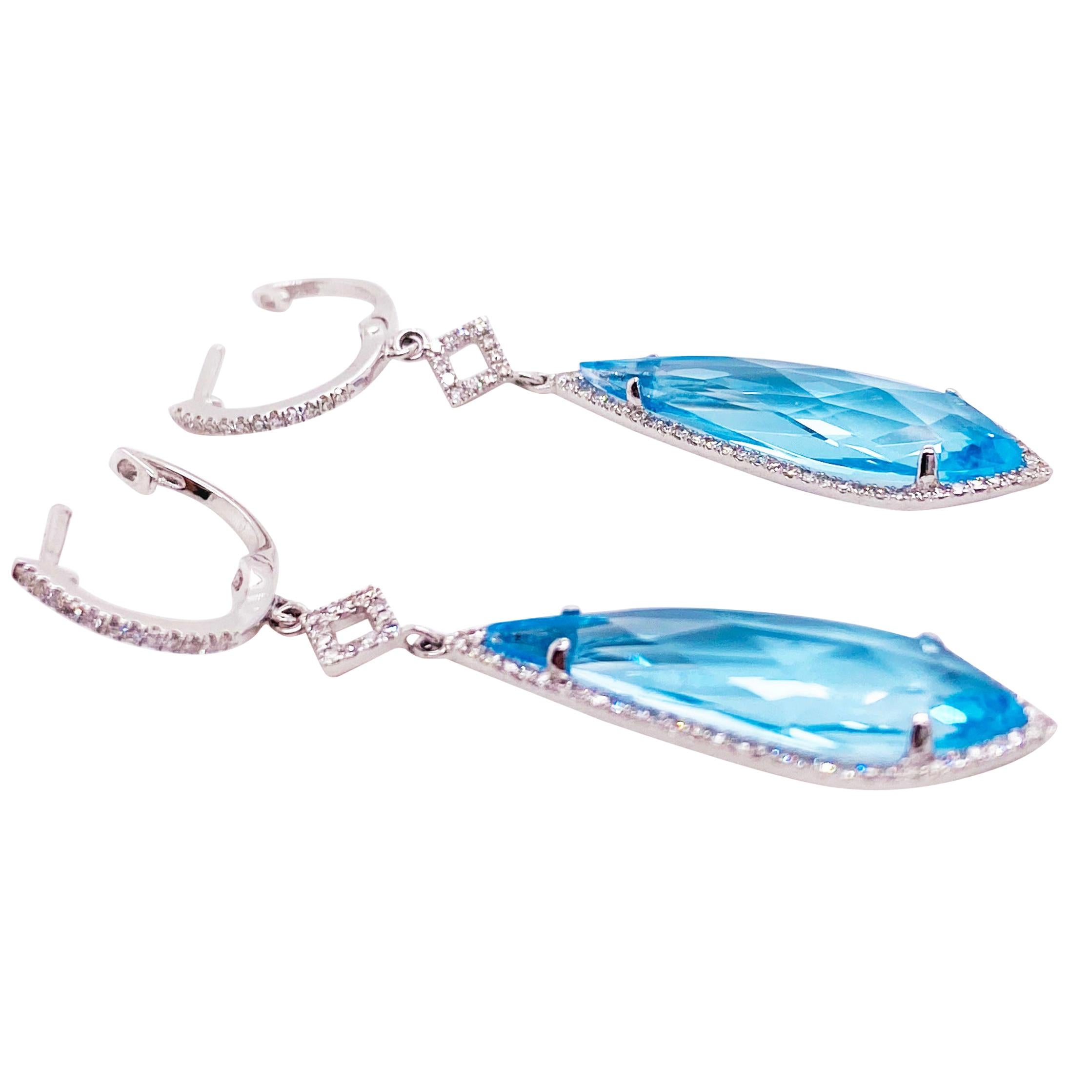 Long Blue Topaz and Diamond Dangle Earrings, 6 Carat Total Weight in 14k White