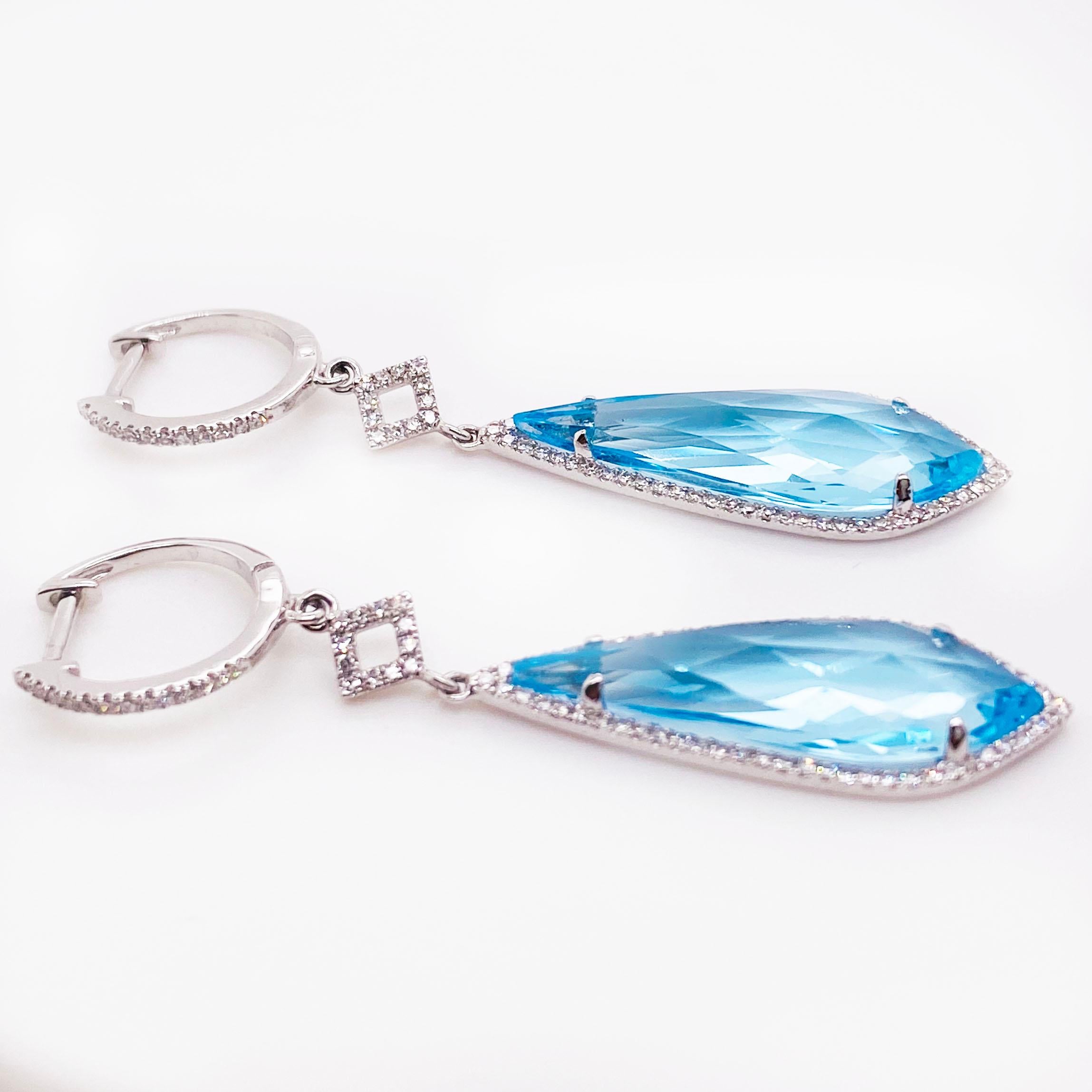 Artisan Long Blue Topaz and Diamond Dangle Earrings, 6 Carat Total Weight in 14k White For Sale