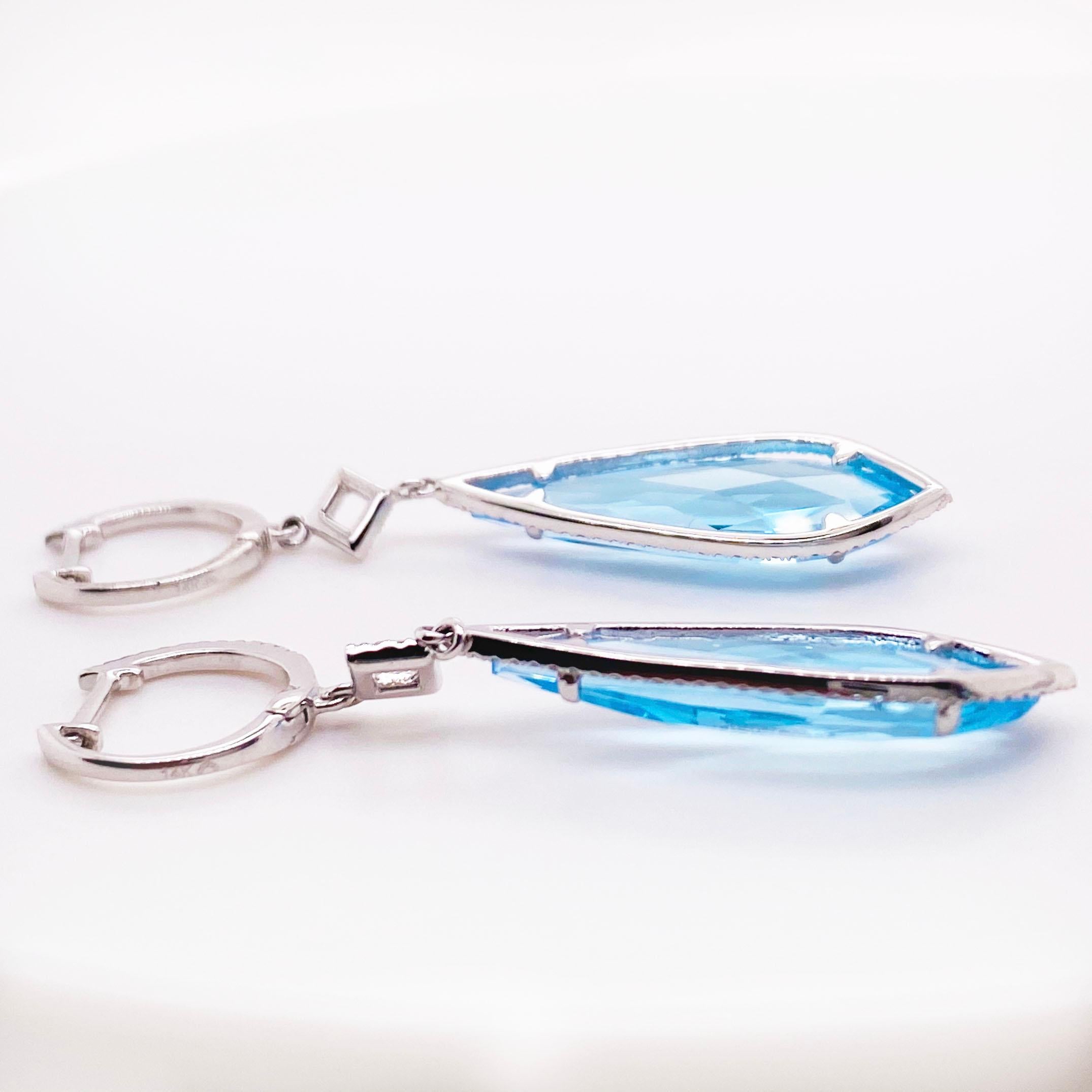 Pear Cut Long Blue Topaz and Diamond Dangle Earrings, 6 Carat Total Weight in 14k White For Sale
