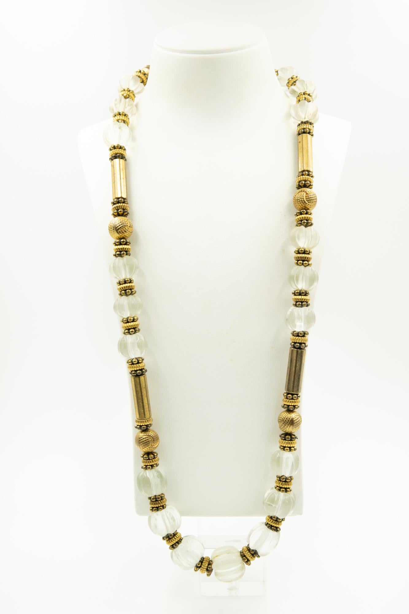 Long Bohemian Gilt Metal Carved Crystal Bead Necklace  In Fair Condition For Sale In Miami Beach, FL