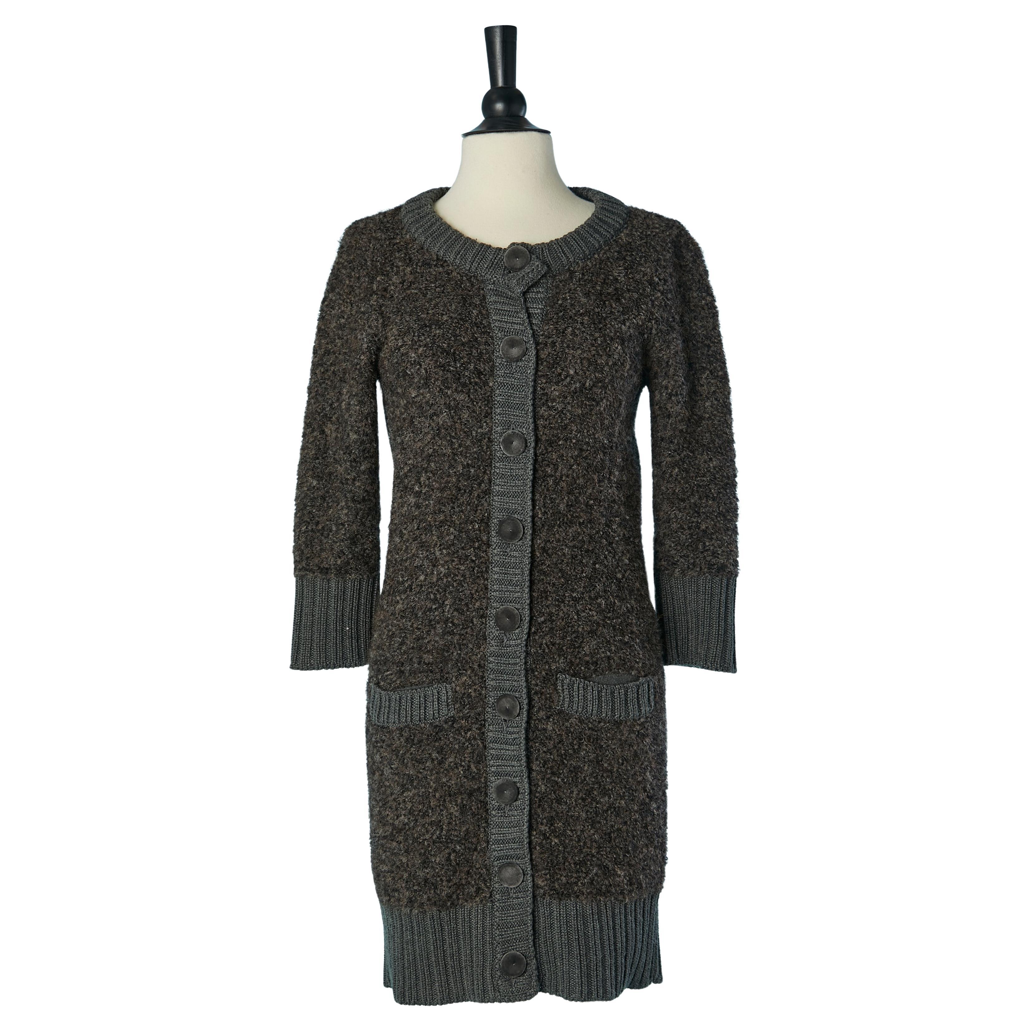 Long bouclette wool knit cardigan with velvet button D&G by Dolce & Gabbana For Sale