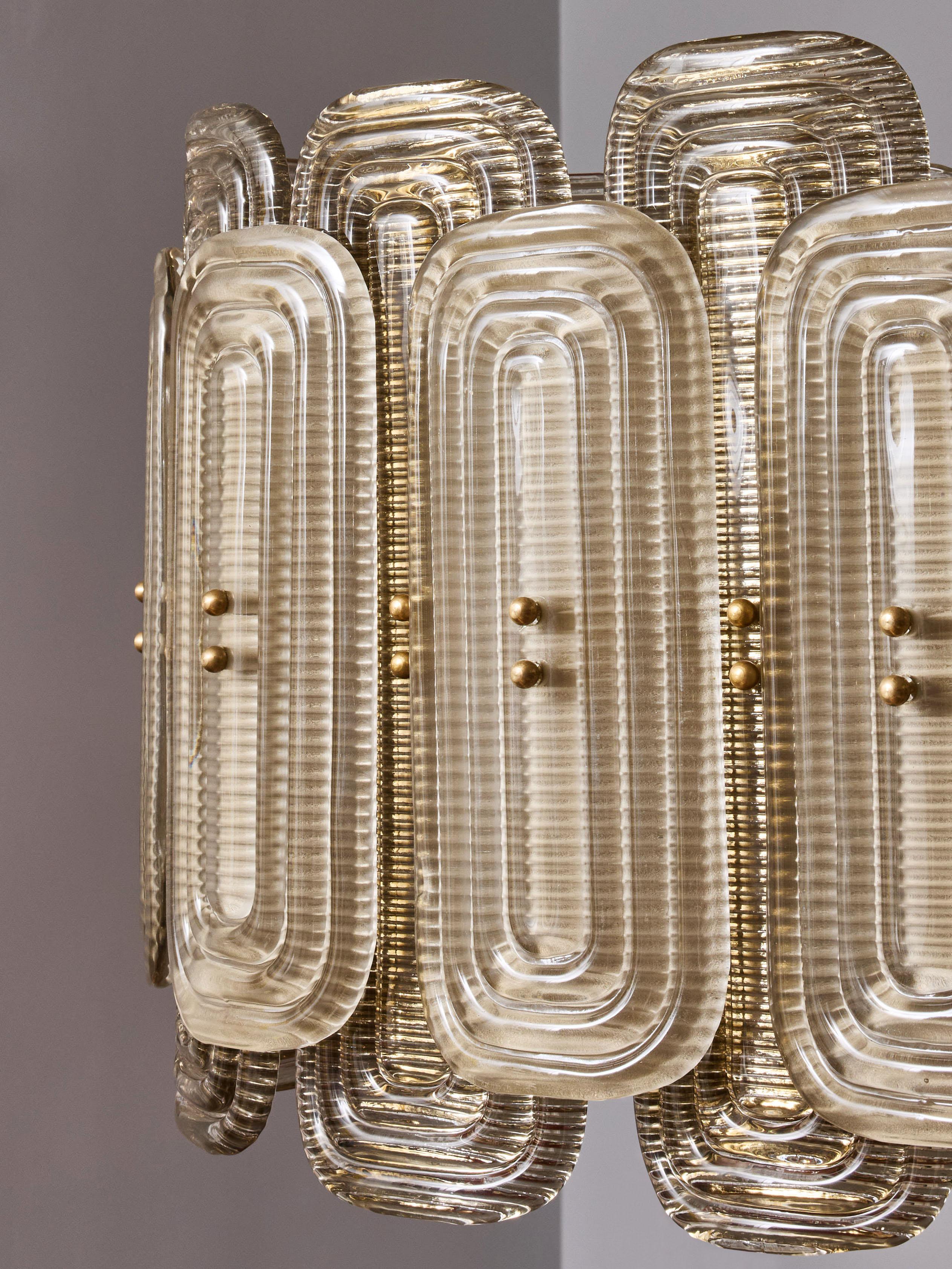 Italian Long brass chandelier in Murano glass by Studio Glustin For Sale