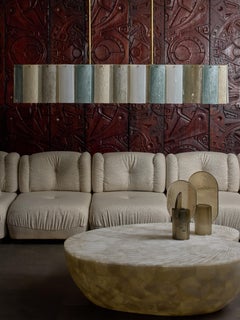 Long Brass Chandelier With Beige, Blue and Grey Murano Glass Panels