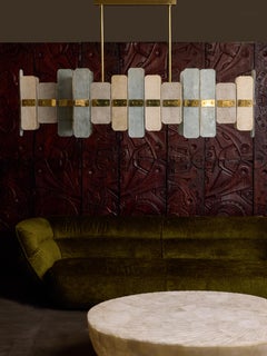 Long Brass Chandelier With Rectangular Murano Glass Panels