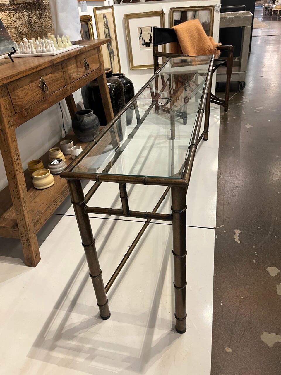 Hollywood Regency Long Brass Faux Bamboo Console Table For Sale