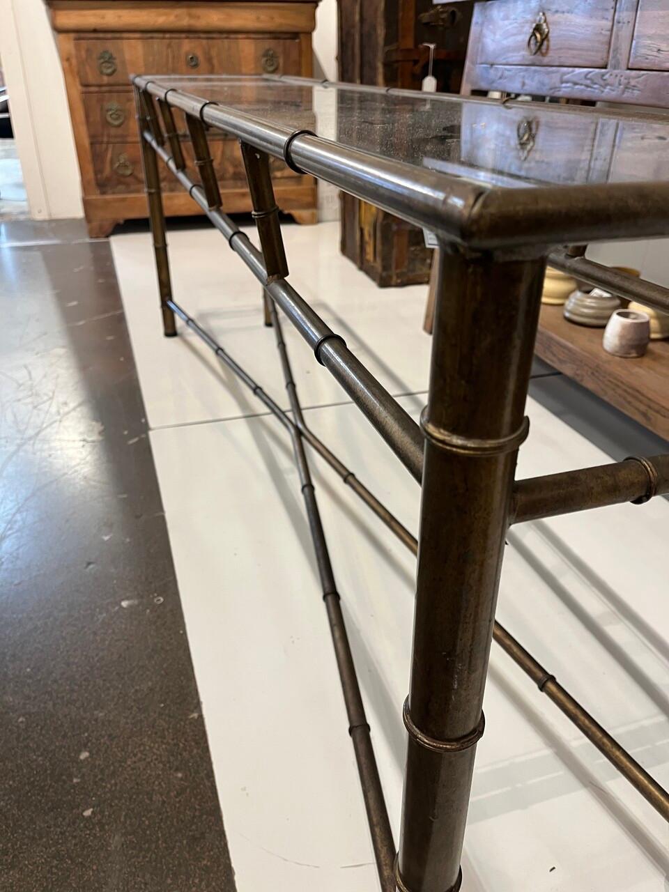 Patinated Long Brass Faux Bamboo Console Table For Sale