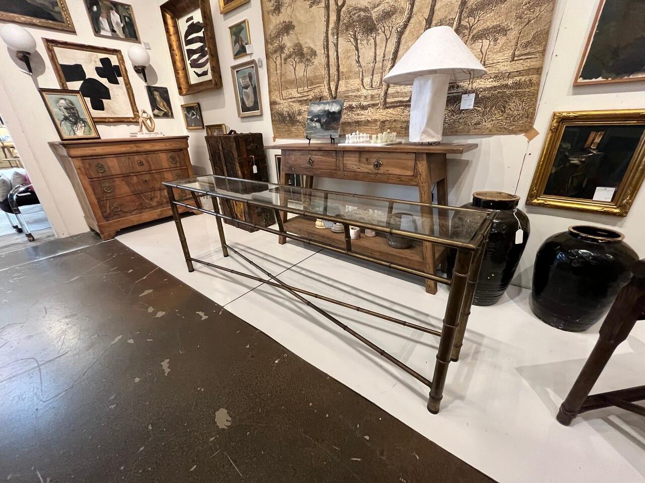 20th Century Long Brass Faux Bamboo Console Table For Sale
