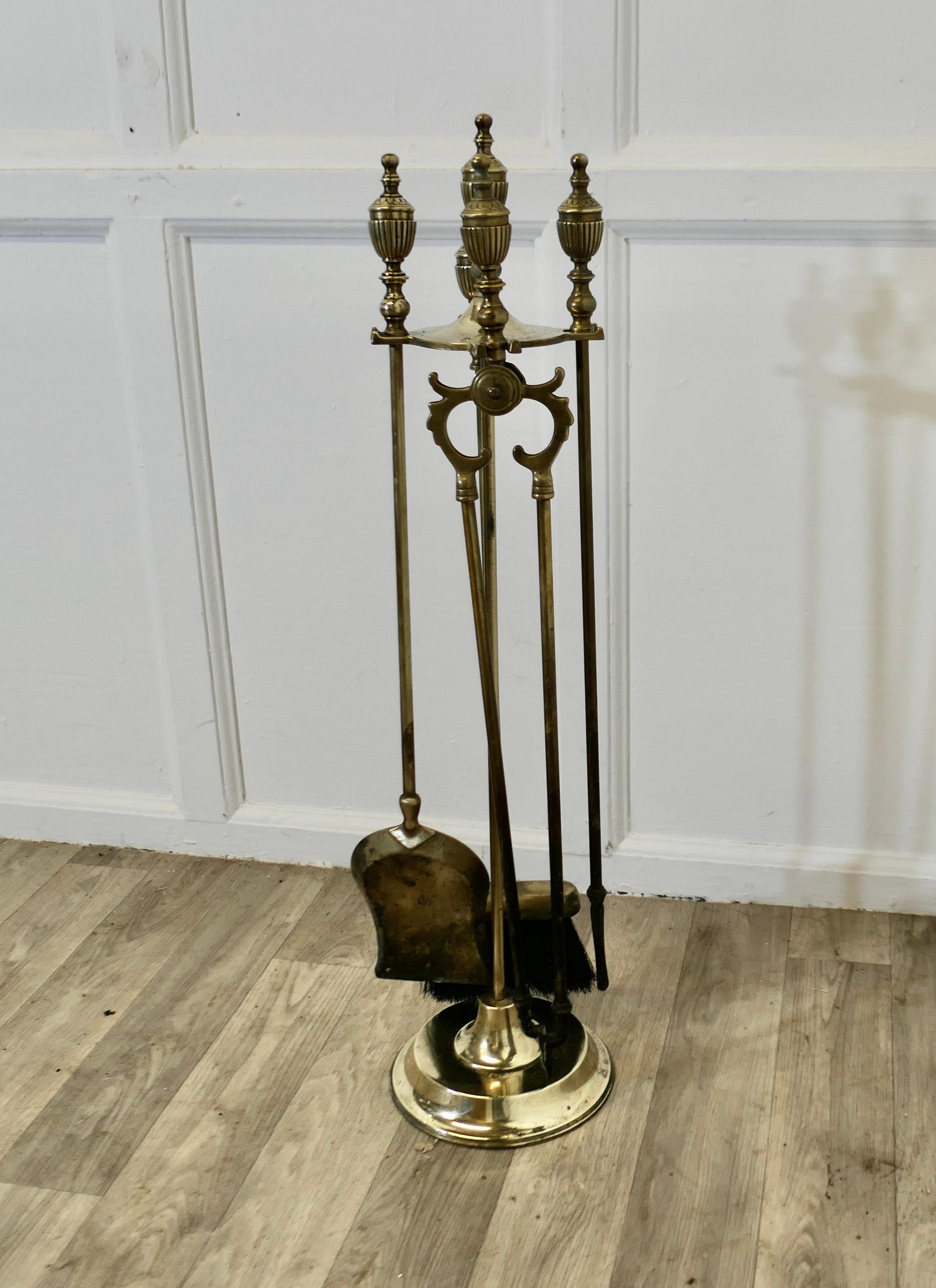Long Brass Fireside Companion Set, Fireside Tools on Stand In Good Condition In Godshill, Isle of Wight