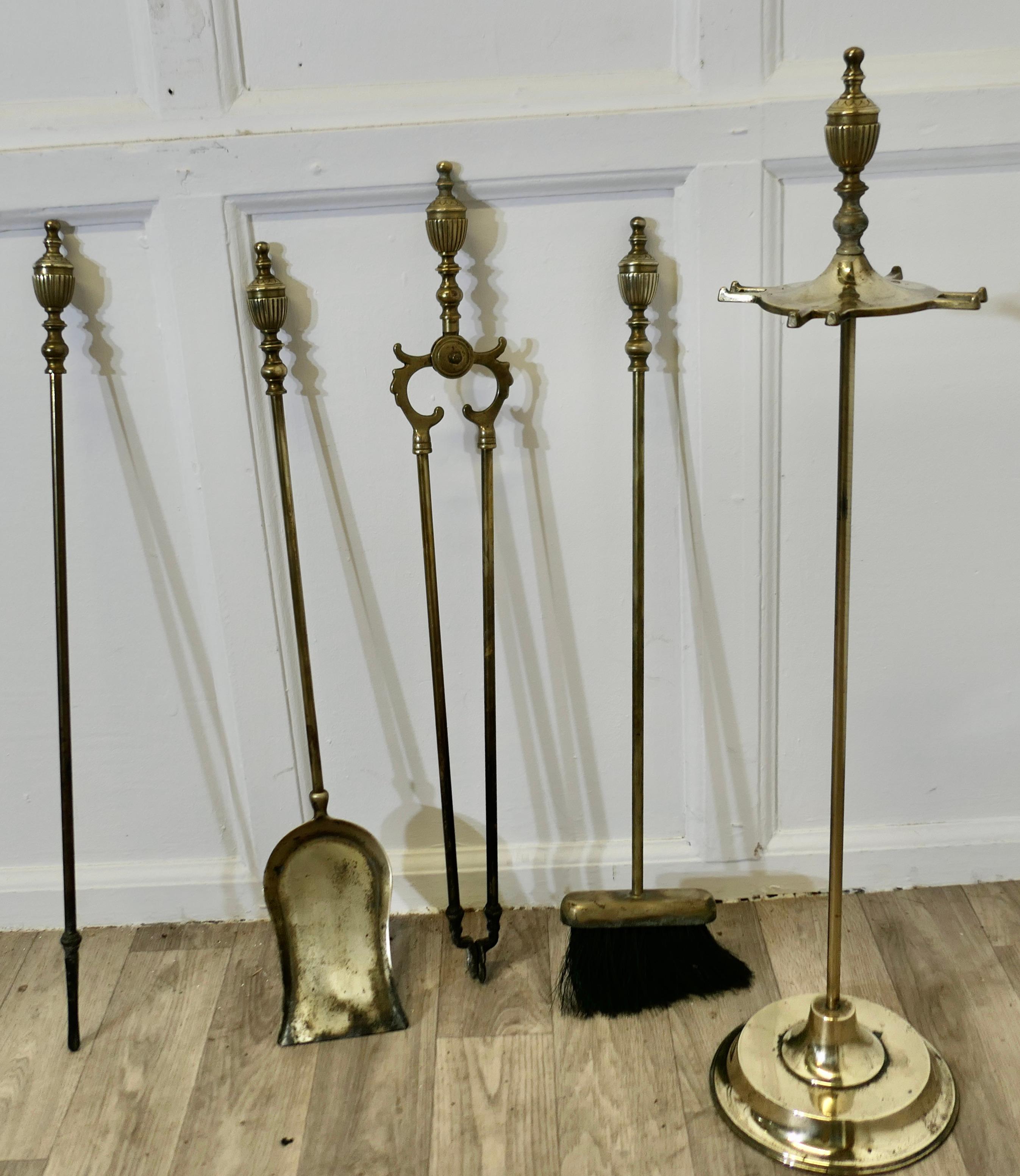 19th Century Long Brass Fireside Companion Set, Fireside Tools on Stand