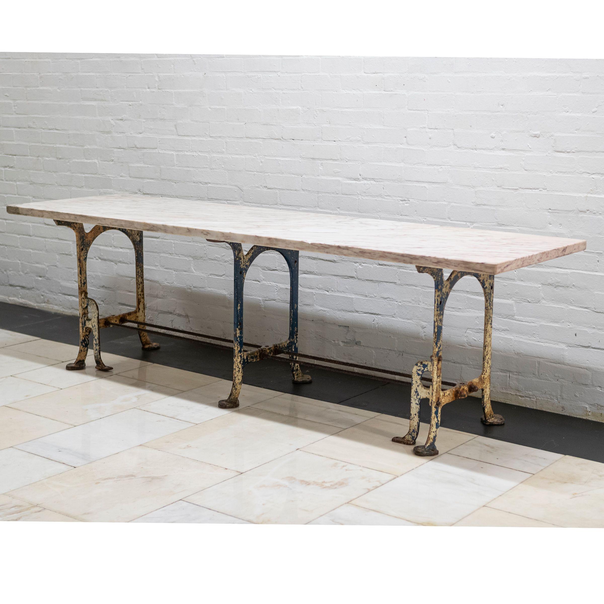 Industrial Long Breche Rose Marble Top Table on Cast Iron Legs For Sale