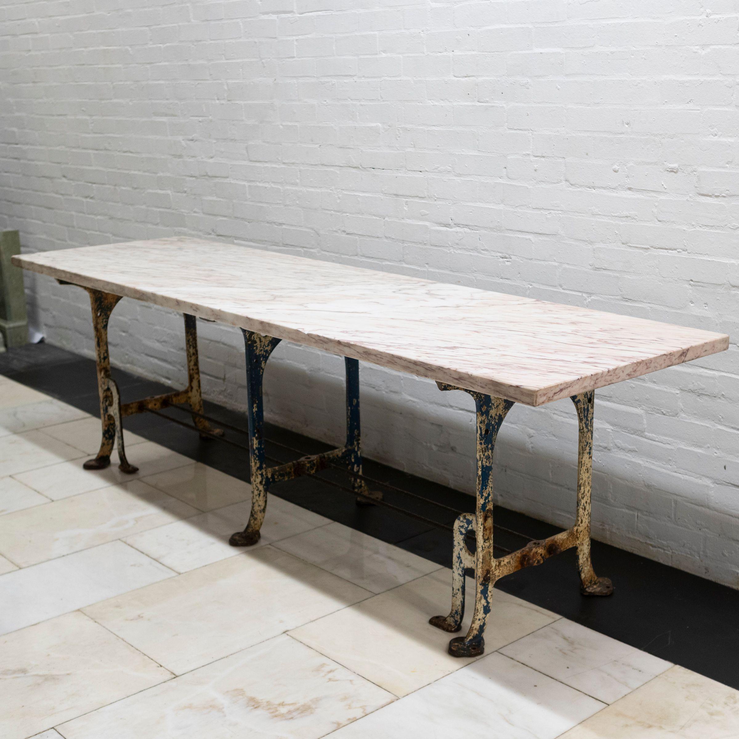 English Long Breche Rose Marble Top Table on Cast Iron Legs