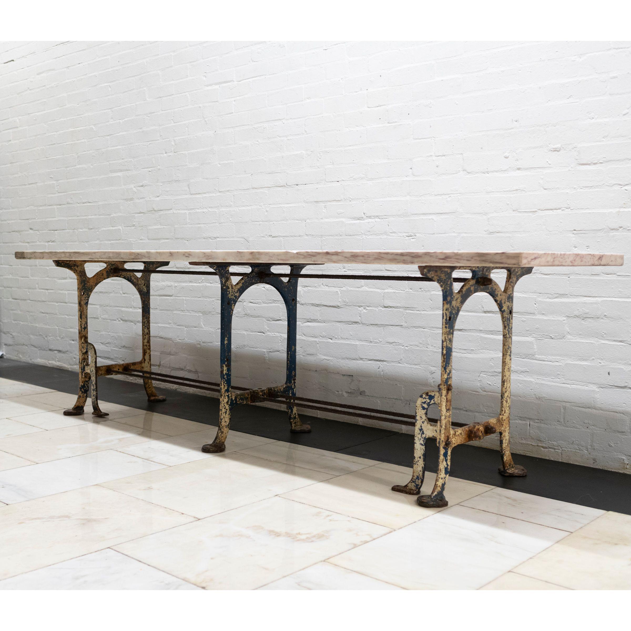 Painted Long Breche Rose Marble Top Table on Cast Iron Legs For Sale