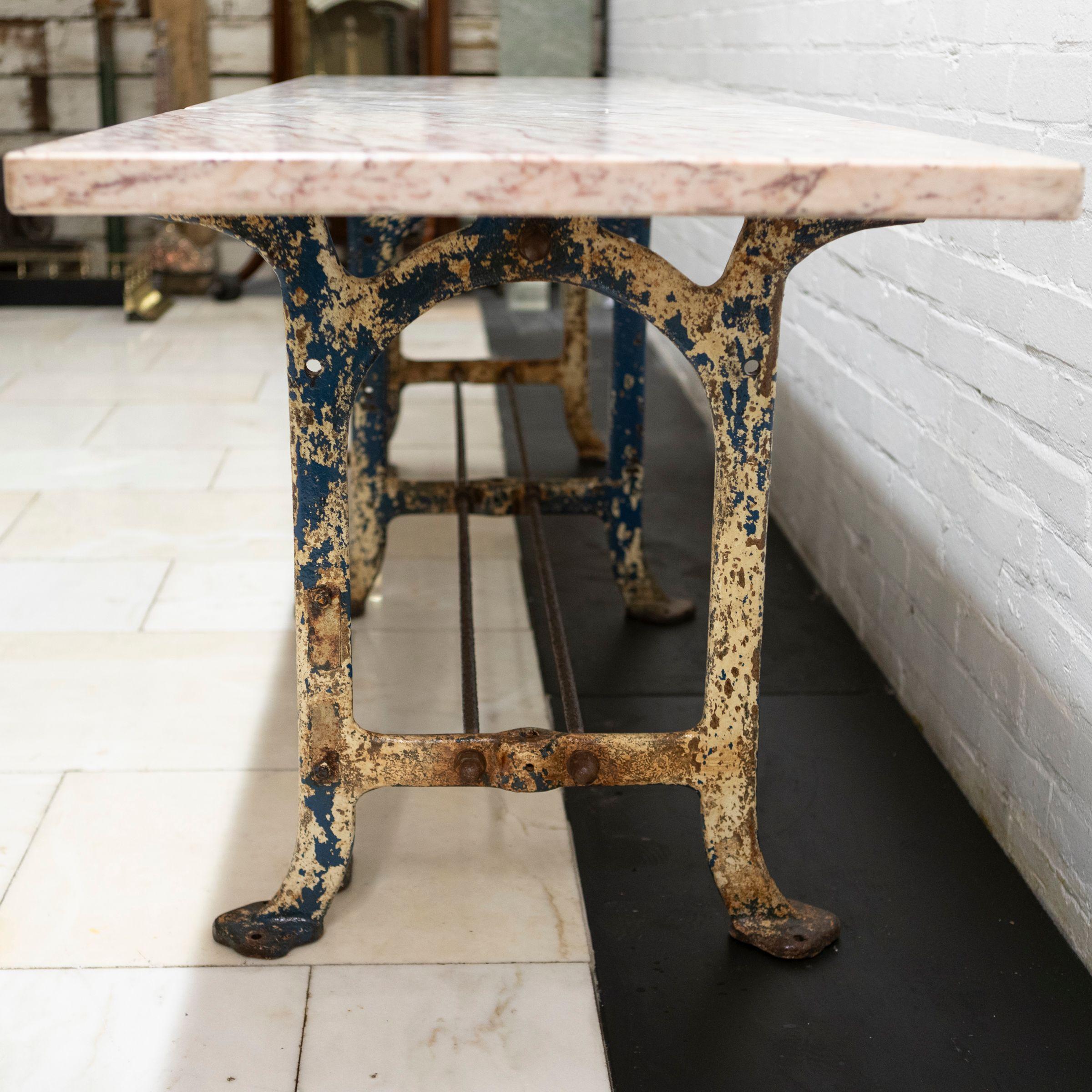 Long Breche Rose Marble Top Table on Cast Iron Legs For Sale 1