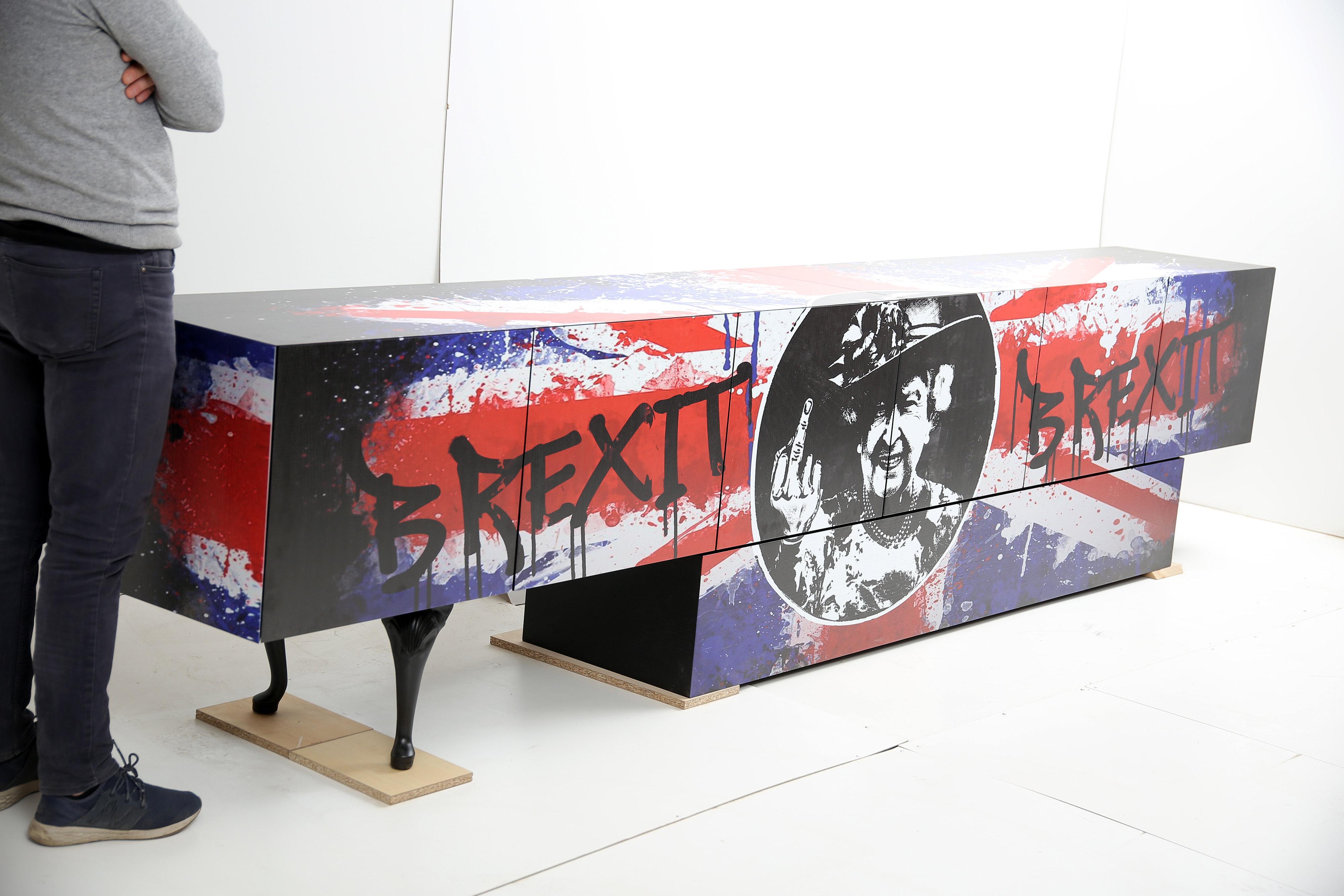 New Sideboard Brexit by Railis Design. Made combining MODERN, CLASSIC and GRAFFITI style. Fully functional and practical piece of furniture. Artwork directly printed on wood. Aside from its aesthetic beauty, the piece features 6 doors with touch