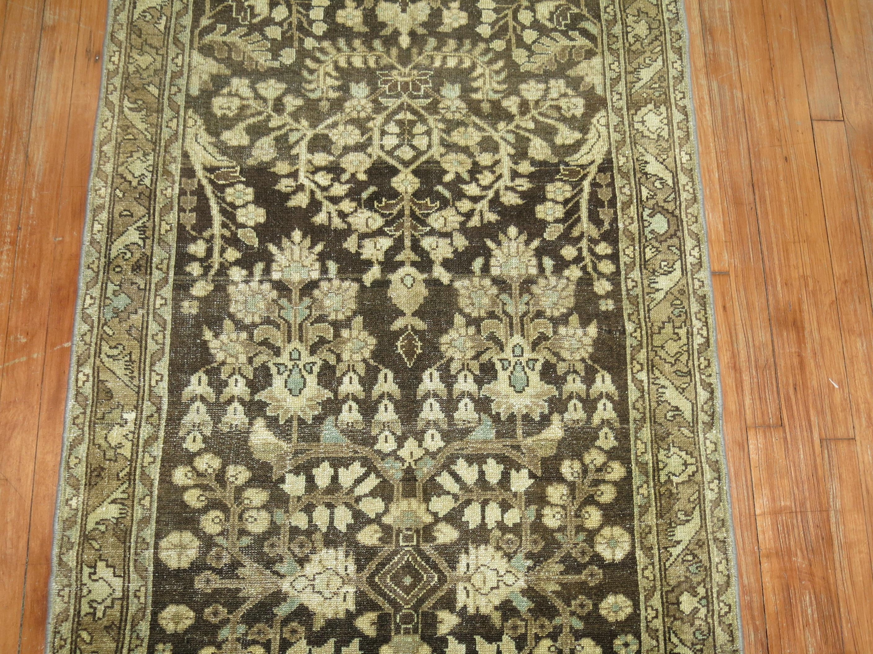 20th Century Zabihi Collection Long Brown Antique Persian Runner For Sale