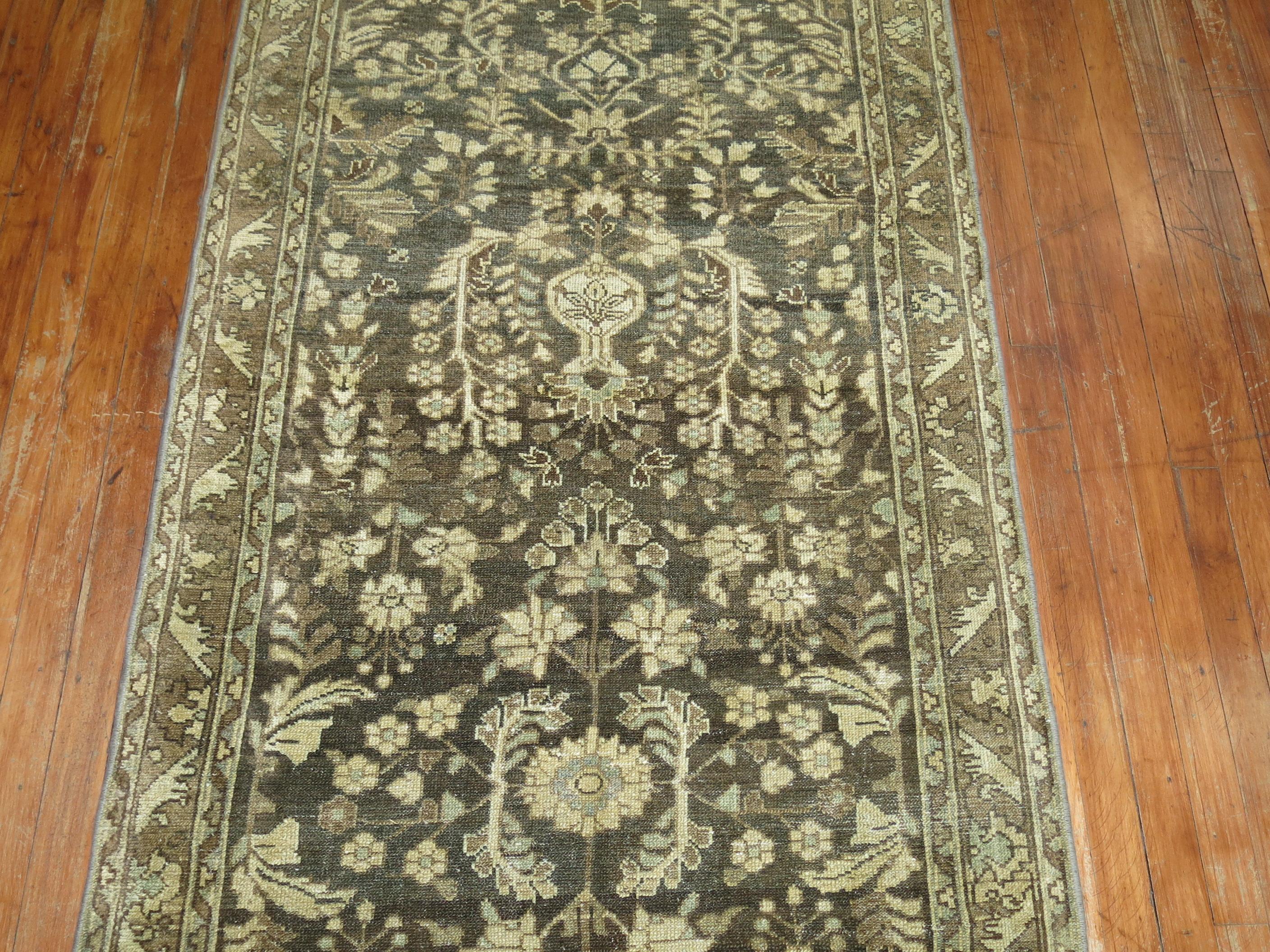 Wool Zabihi Collection Long Brown Antique Persian Runner For Sale