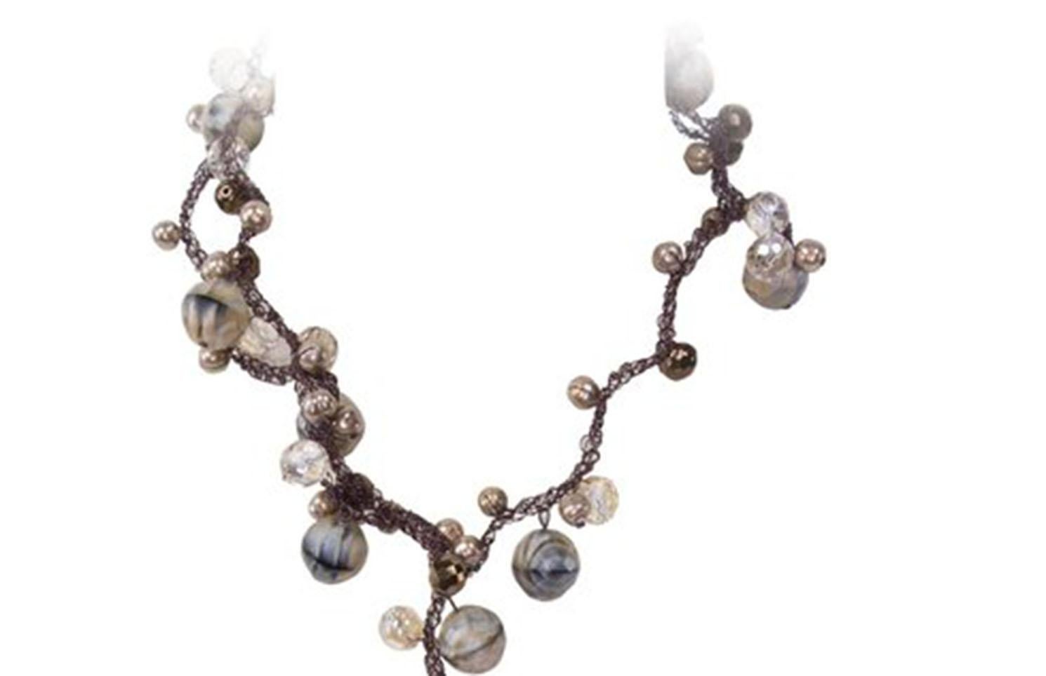 Agate Faux Pearl Crystal Stainless Steel Sautoir Necklace Fine Estate Jewelry In Excellent Condition For Sale In Montreal, QC