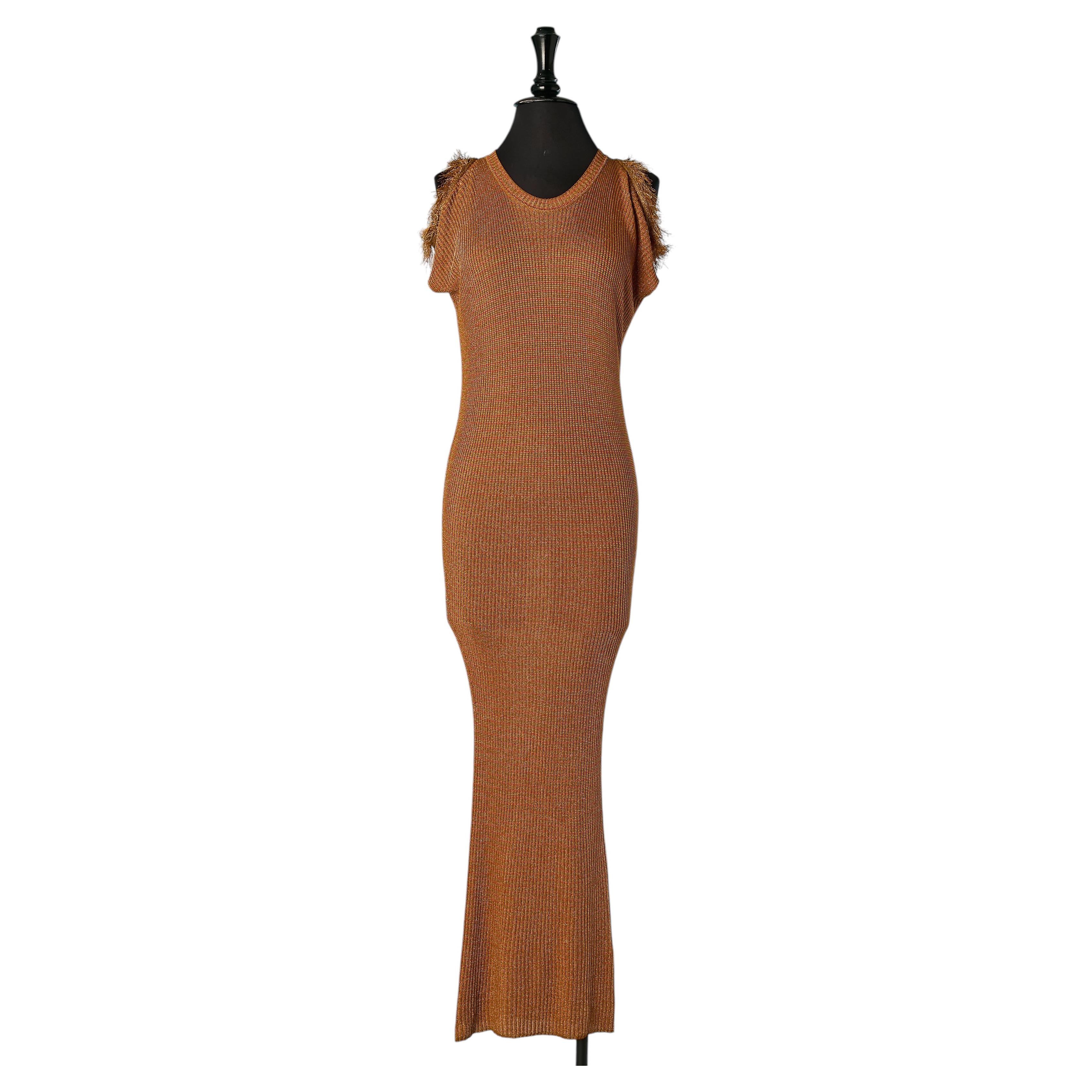 Robe longue en maille marron et lurex, bordée de franges, Sonia Rykiel en vente