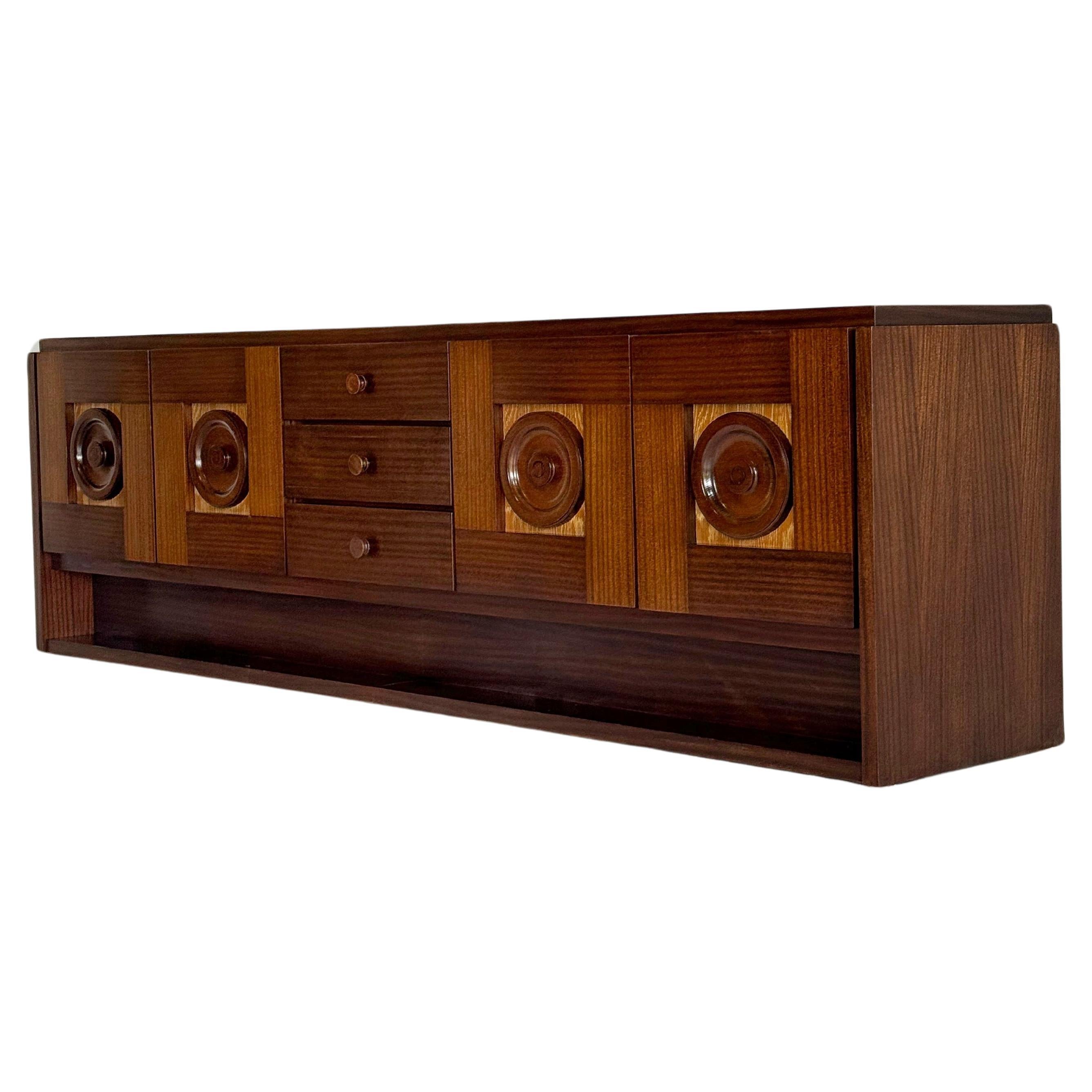 Long brown oak brutalist credenza