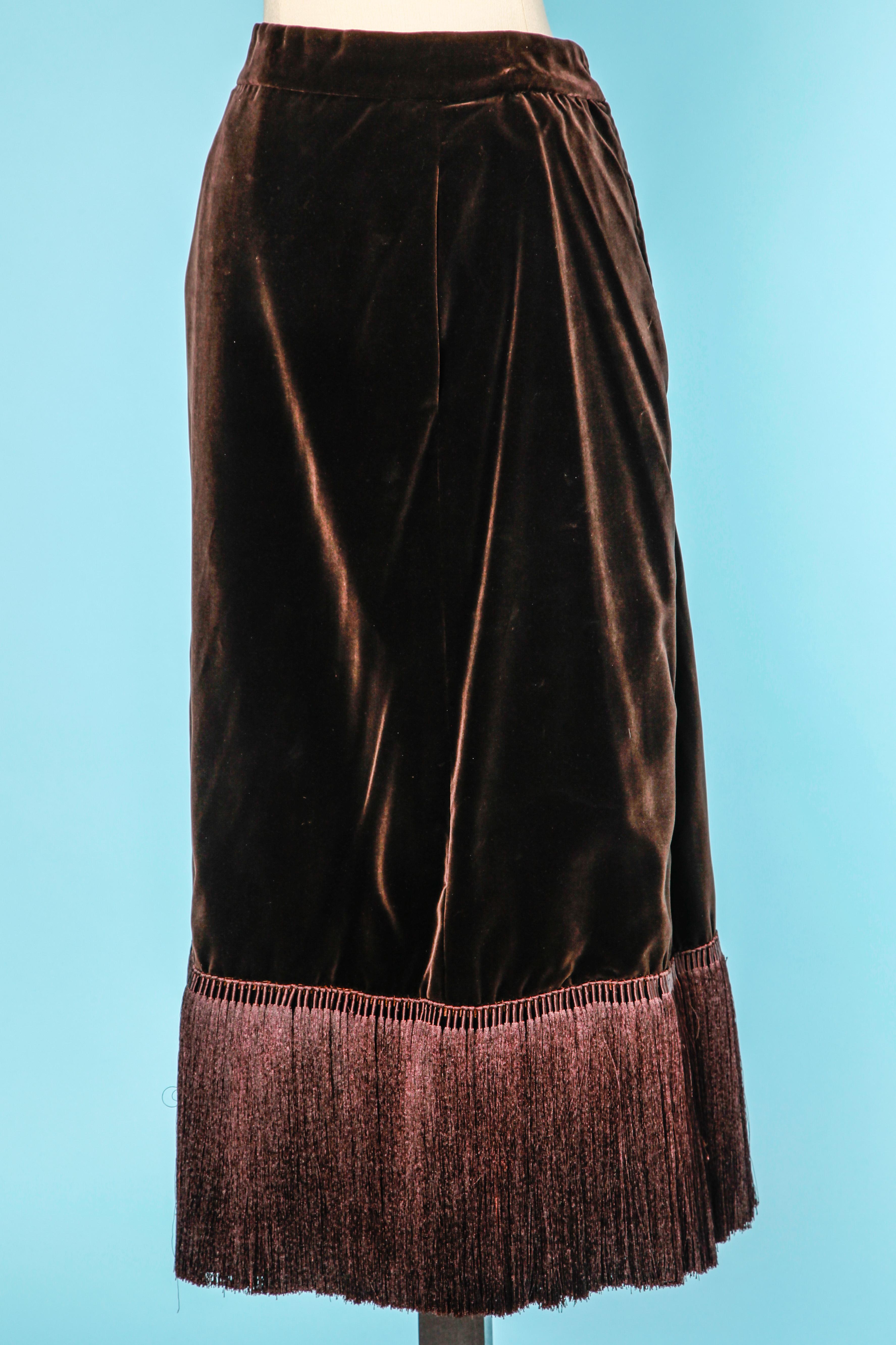 Long brown velvet skirt with silk fringes on the bottom edge 