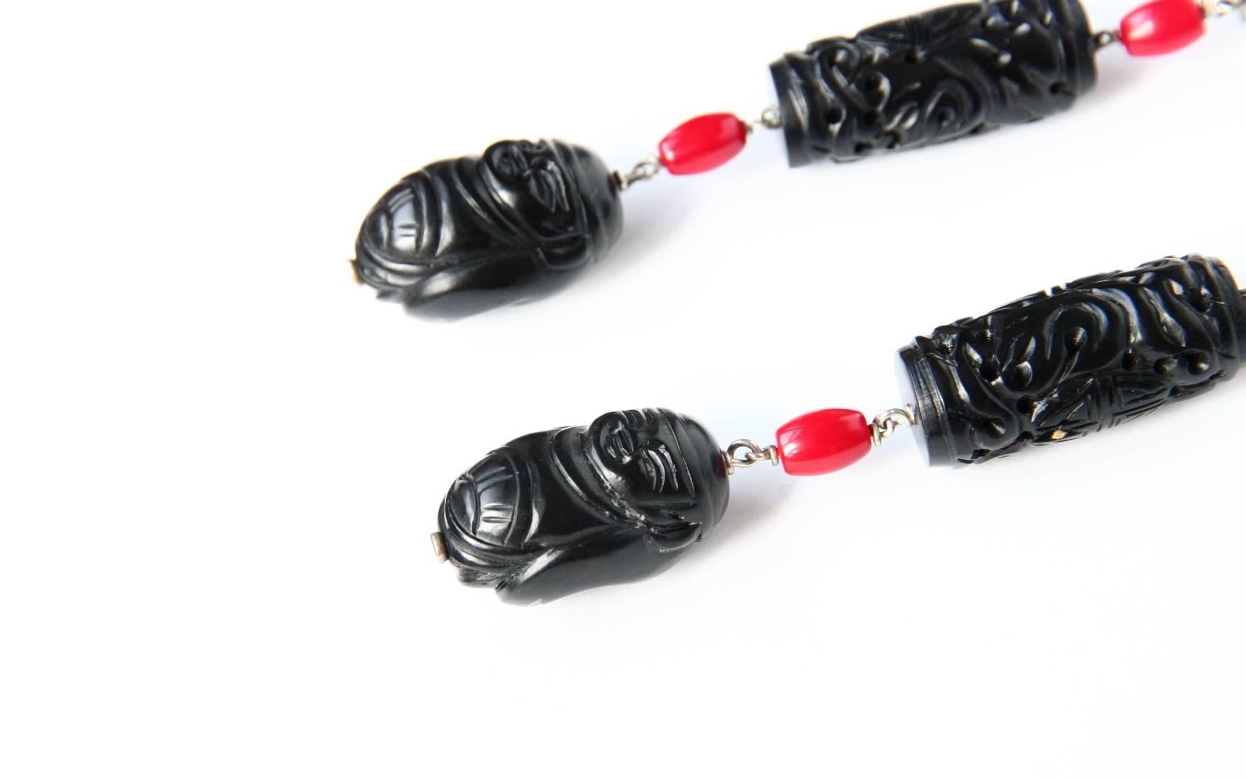 Art Deco Long Buddha Lacquer Earrings For Sale