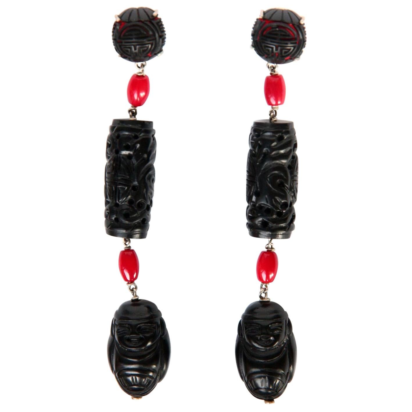 Long Buddha Lacquer Earrings For Sale
