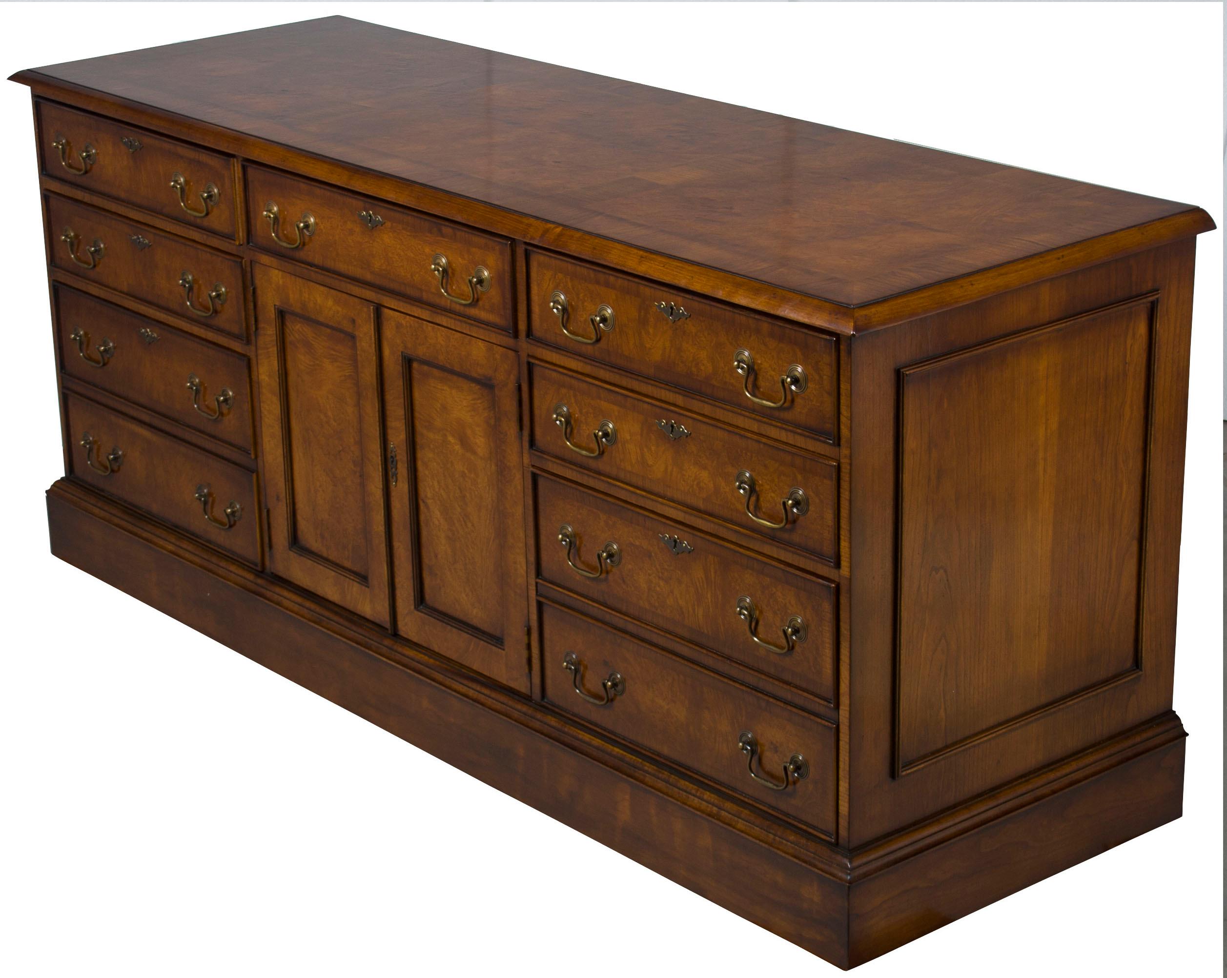 English Long Burled Walnut Home Office Credenza File Cabinet Cupboard