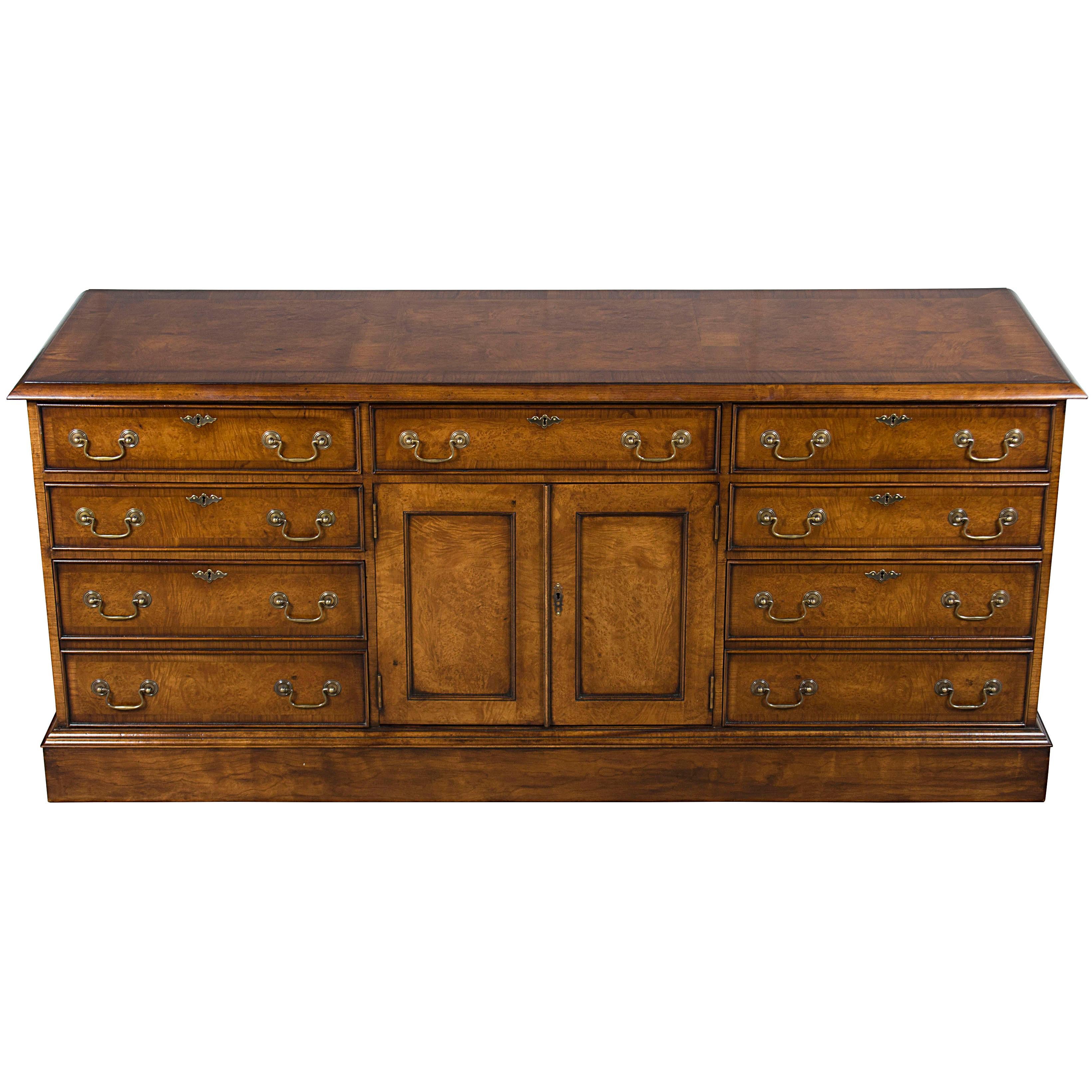 Long Burled Walnut Home Office Credenza File Cabinet Cupboard