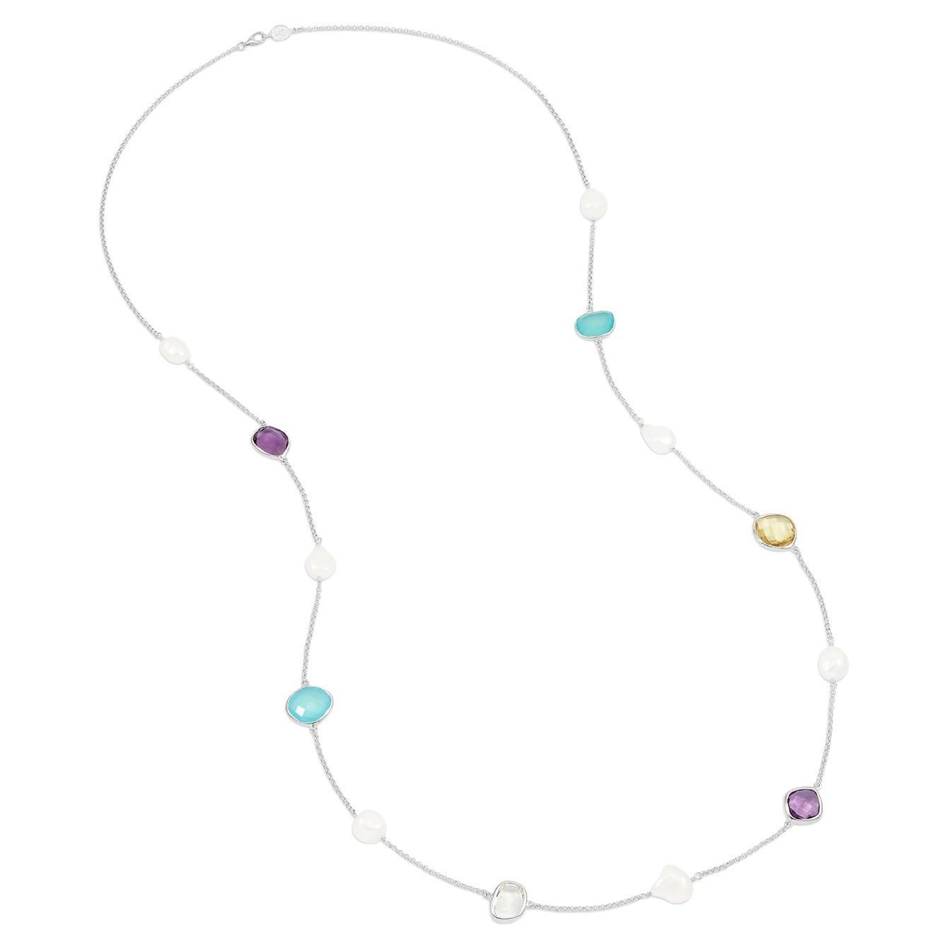 Long Candy Gemstone & Baroque Pearl Necklace In Sterling Silver For Sale