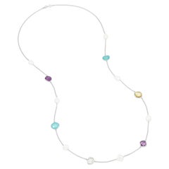 Long Candy Gemstone & Baroque Pearl Necklace In Sterling Silver