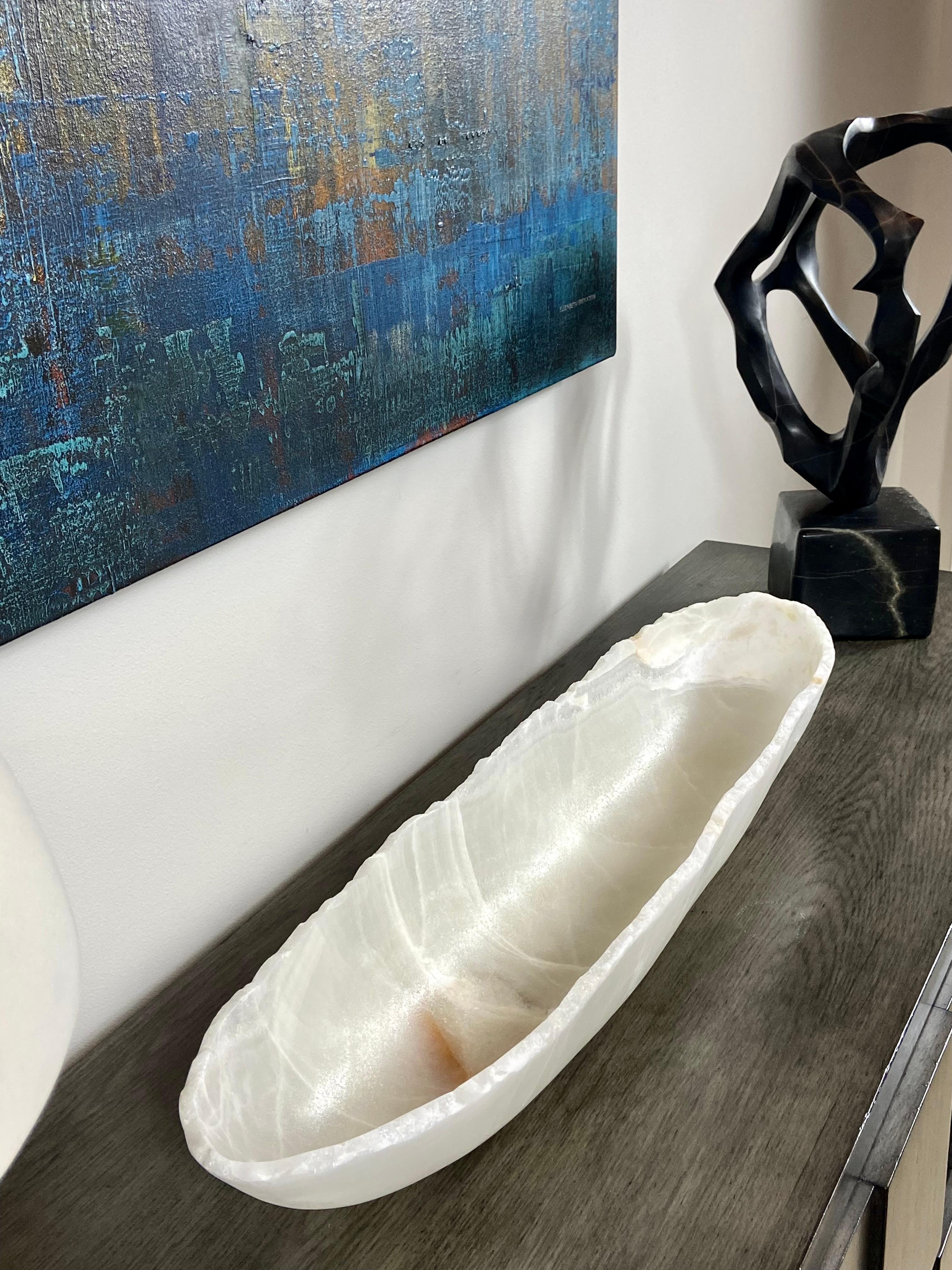 Hand-Carved Long Canoe Shaped White Onyx Bowl