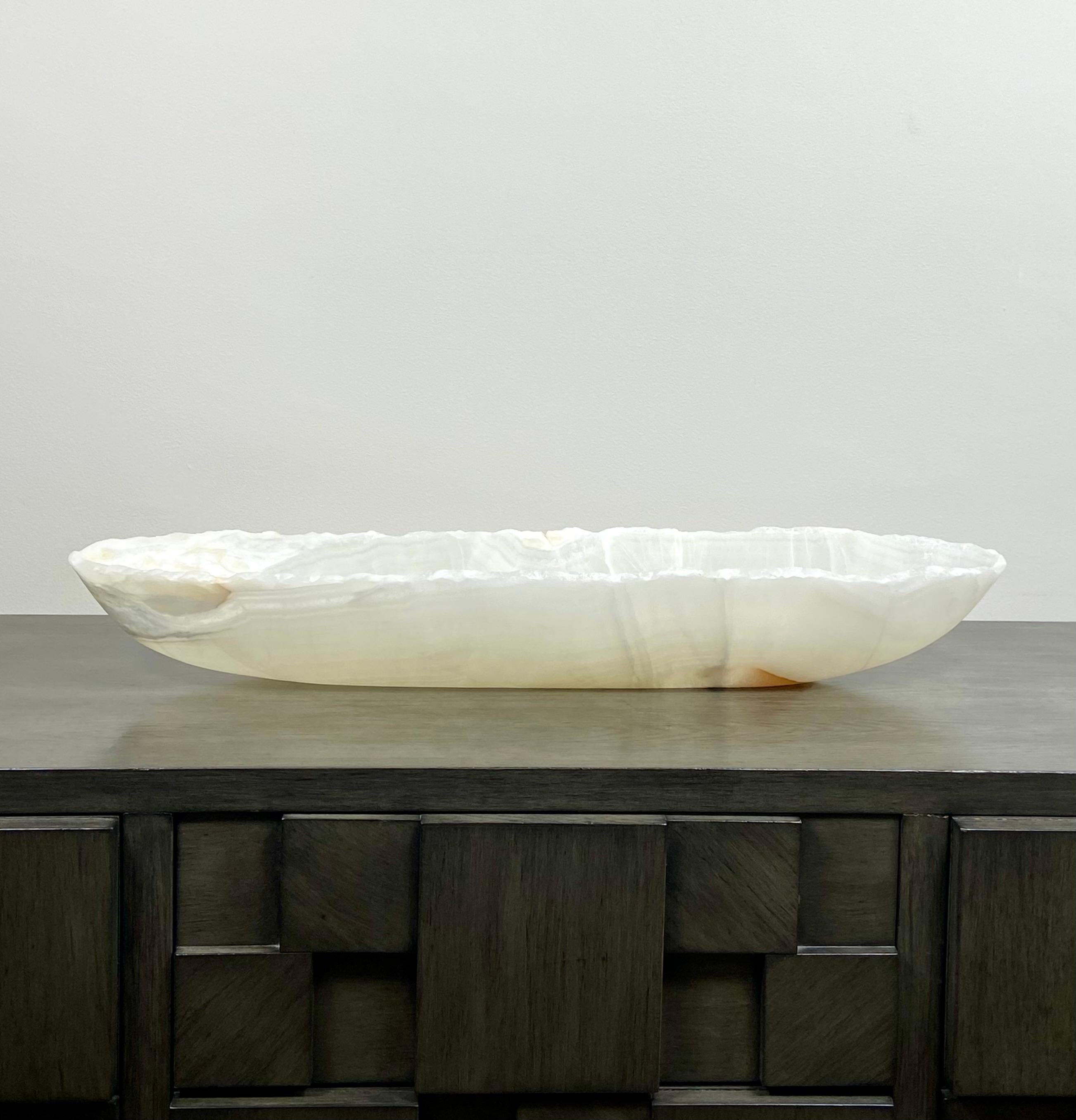 Long Canoe Shaped White Onyx Bowl In New Condition In Norwalk, CT