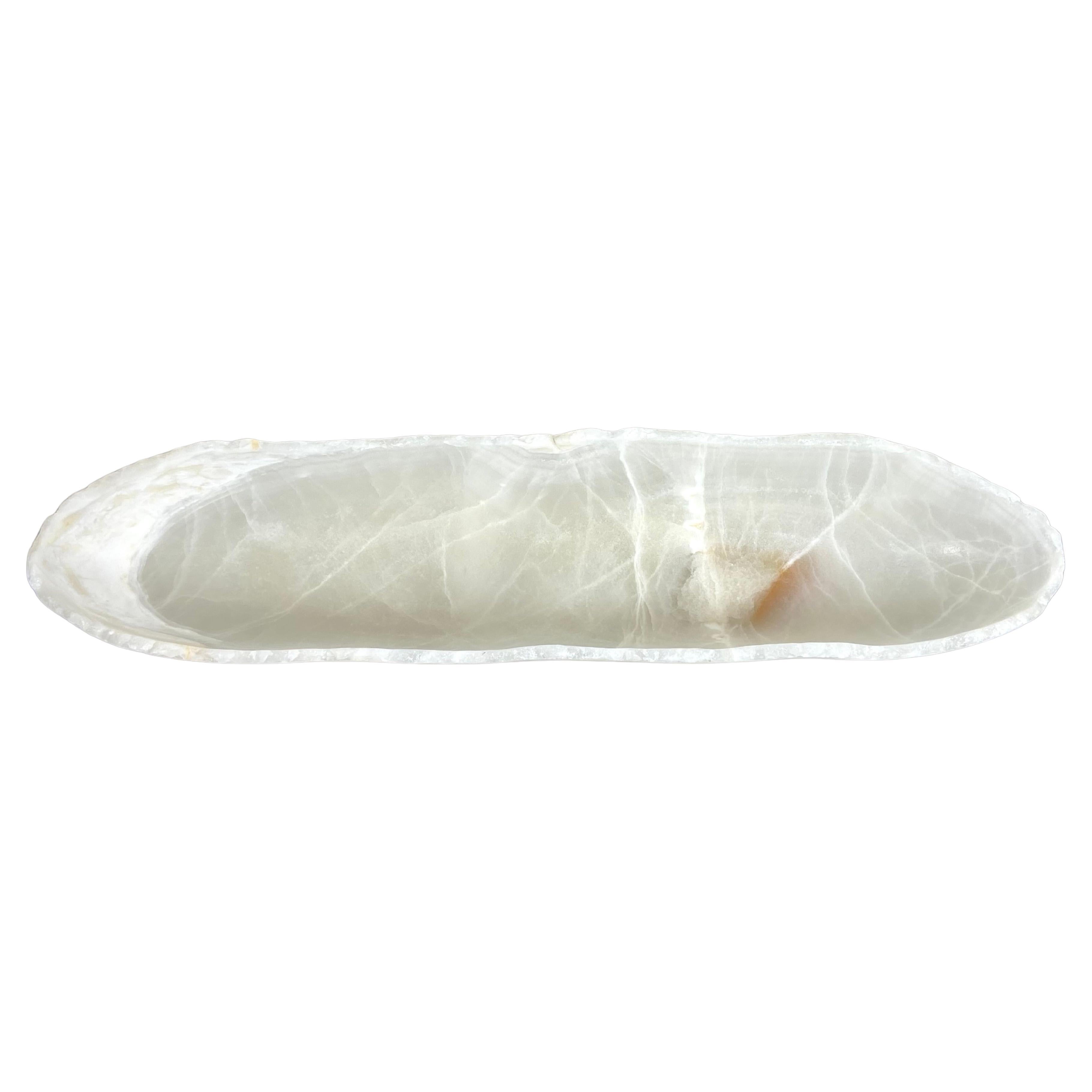 Long Canoe Shaped White Onyx Bowl