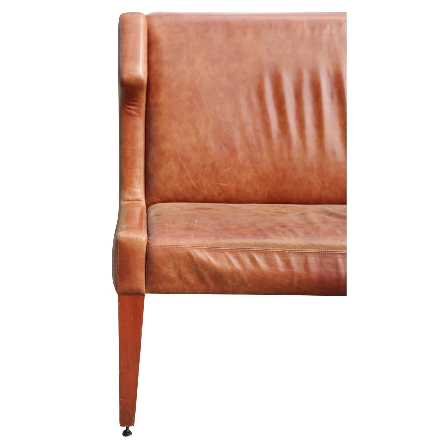 American Long Carmel Leather Wing Back Modern Sofa by Jordan Mozer 