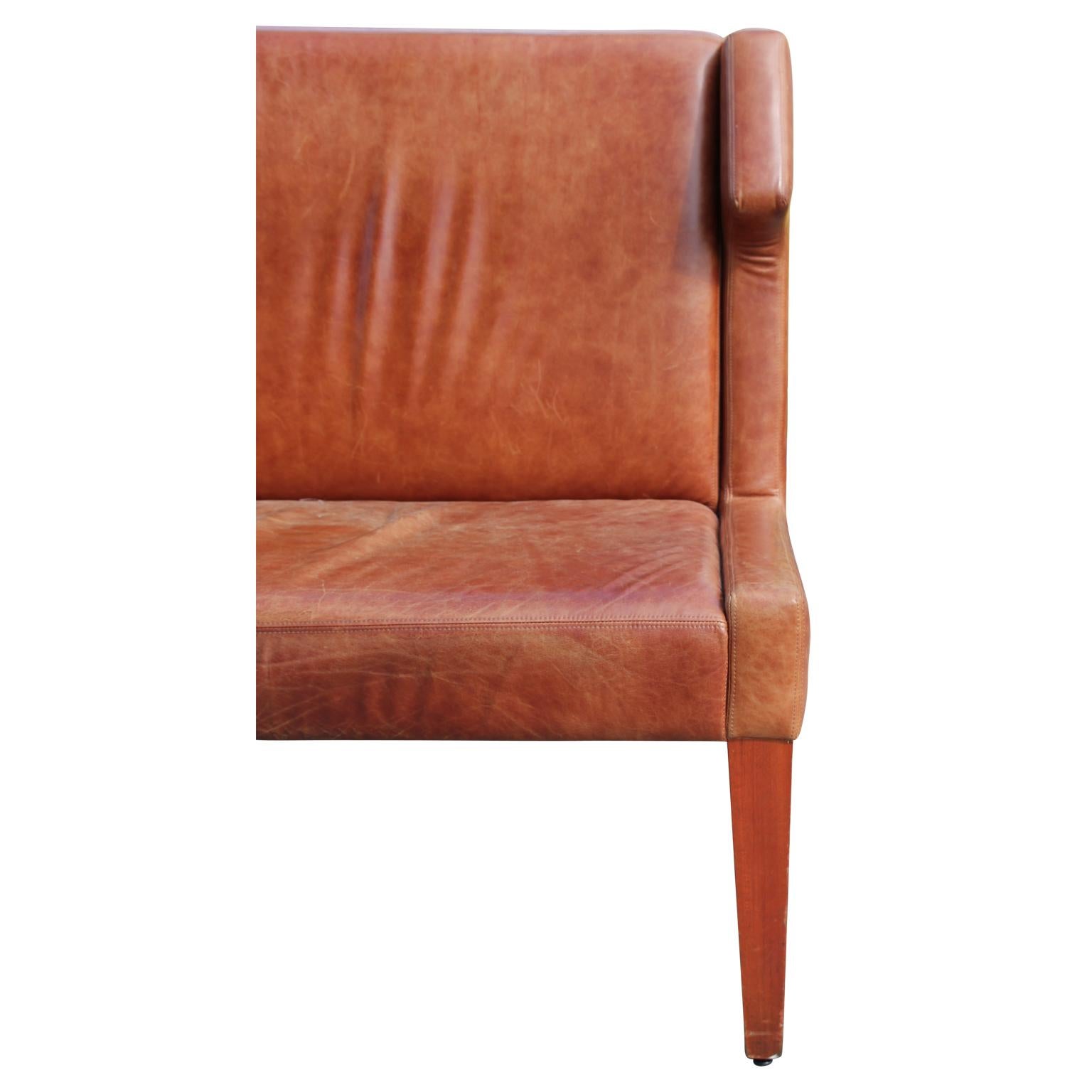 Long Carmel Leather Wing Back Modern Sofa by Jordan Mozer  In Good Condition In Houston, TX