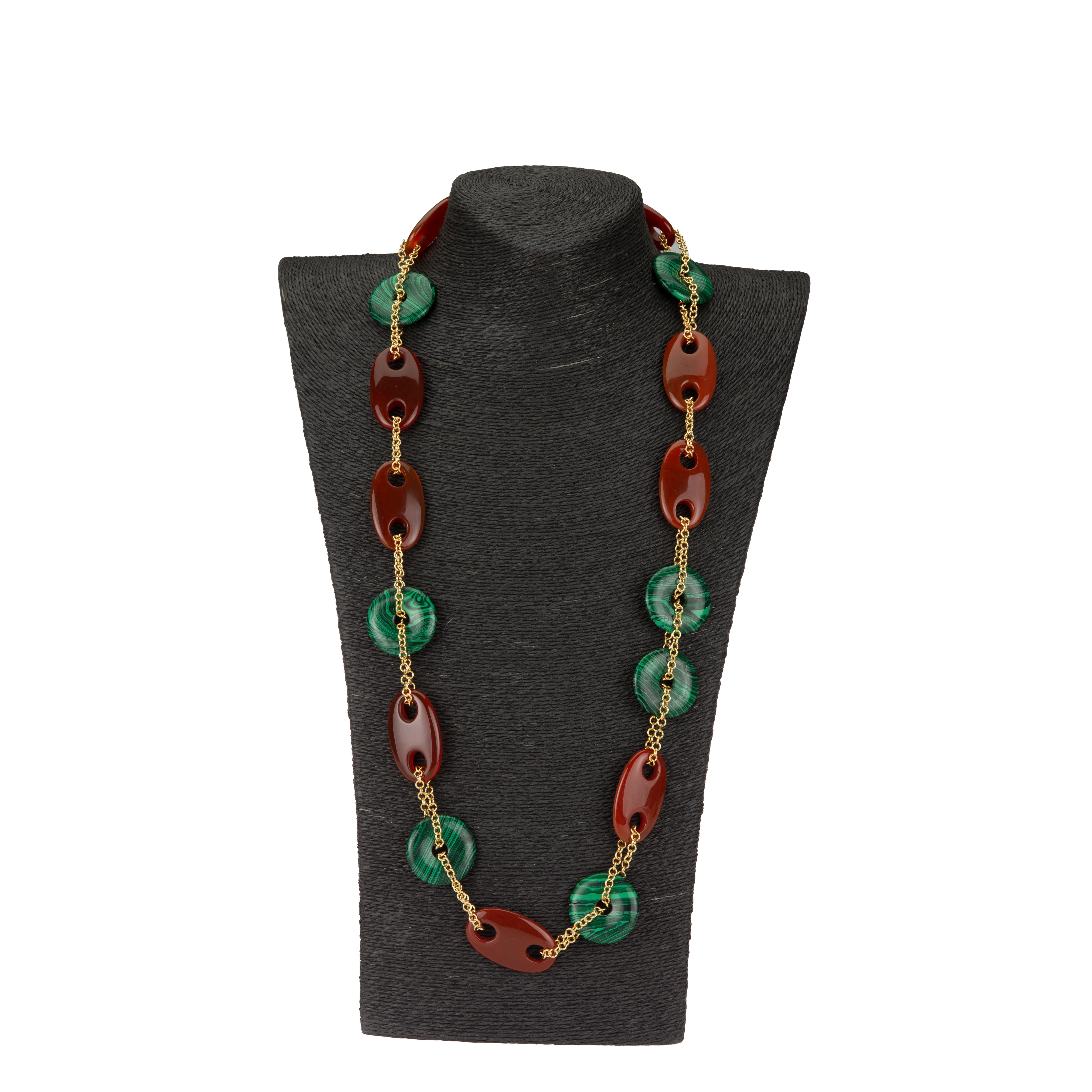 Long carved carnelian and malachite necklace, vermeil, 80 cm total length.
All Giulia Colussi jewelry is new and has never been previously owned or worn. Each item will arrive at your door beautifully gift wrapped in our boxes, put inside an elegant