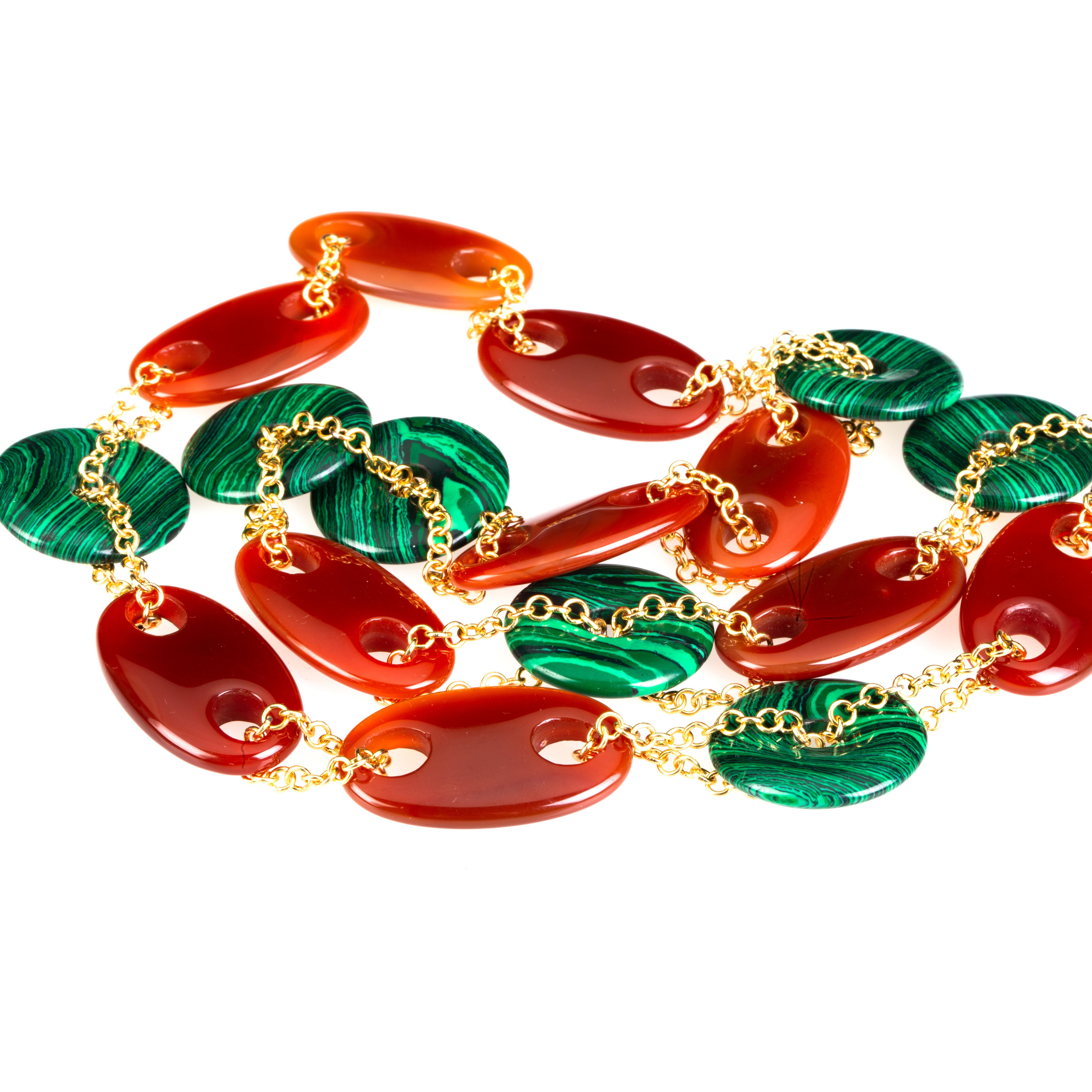 Artisan Long Carnelian and Malachite Necklace For Sale
