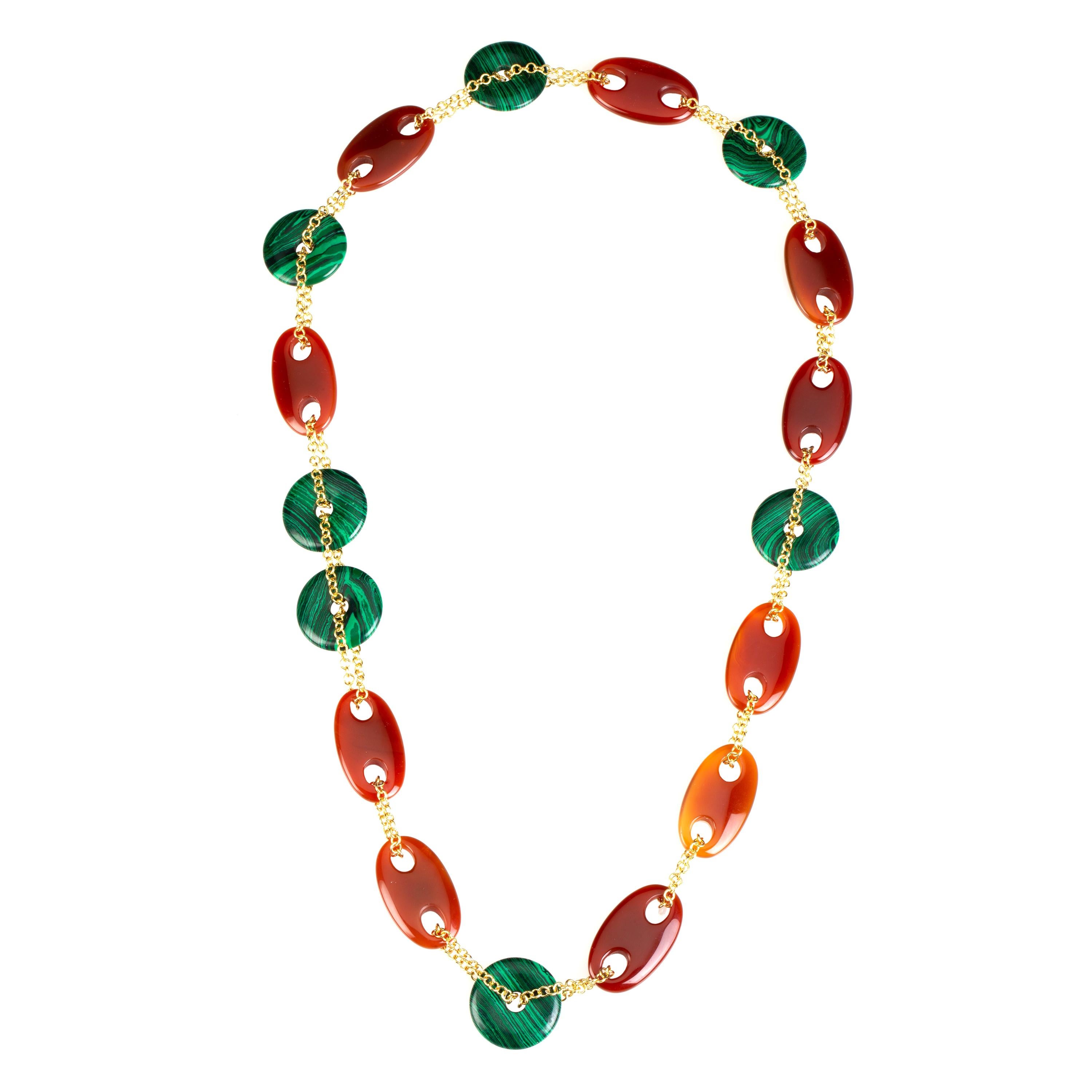 Long Carnelian and Malachite Necklace For Sale