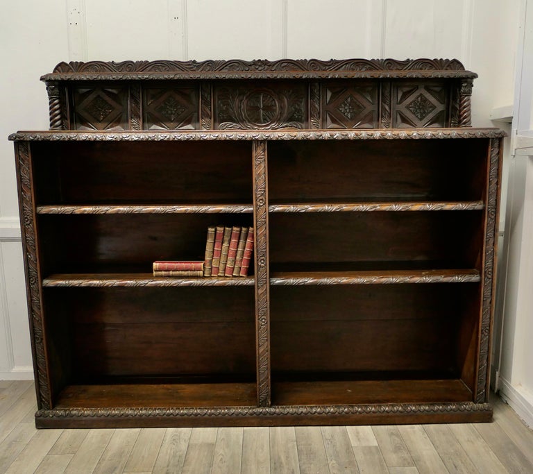 Long Carved Arts and Crafts Gothic Oak Open Book Case For Sale at 1stDibs
