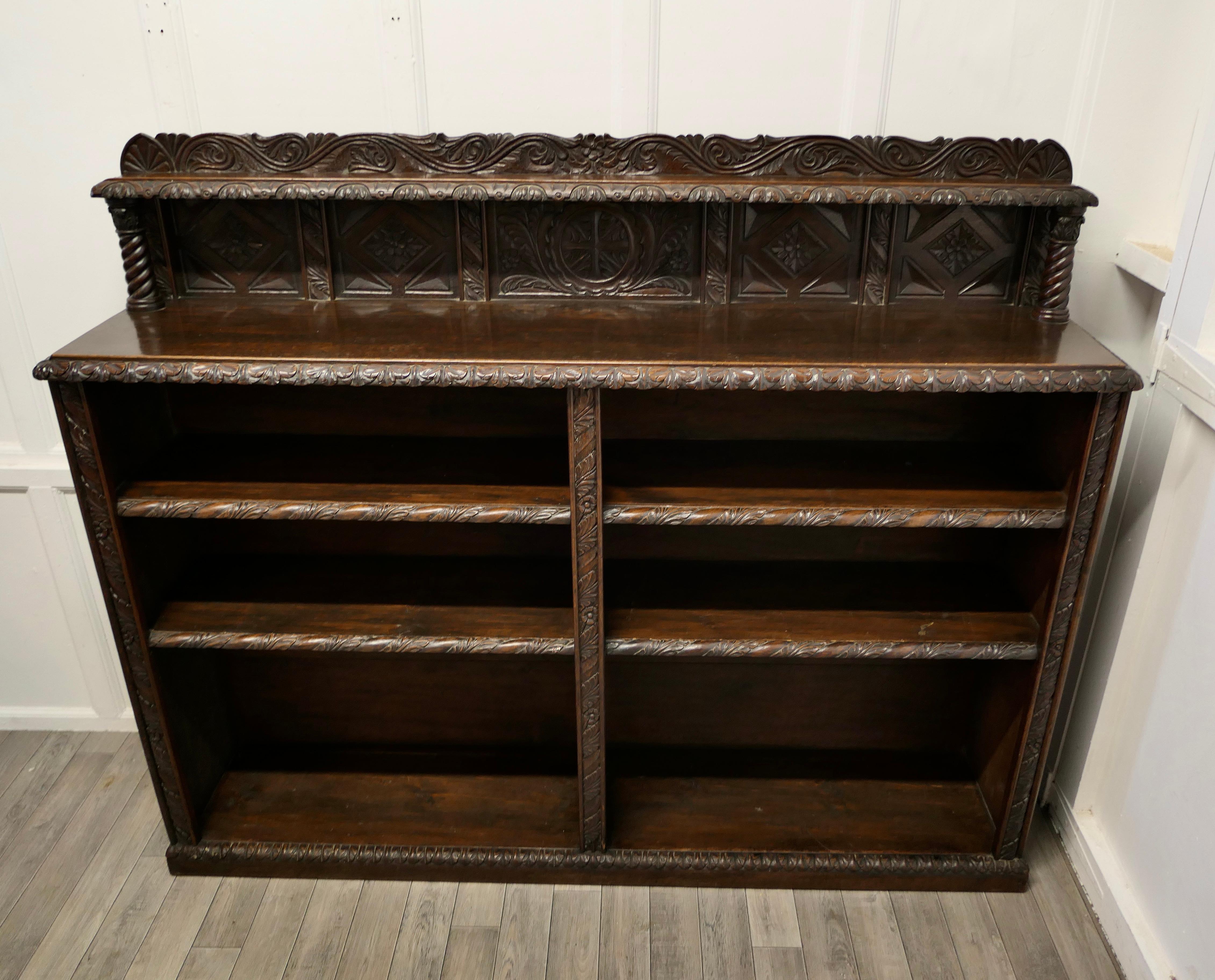 Long Carved Arts and Crafts Gothic Oak Open Book Case    In Good Condition For Sale In Chillerton, Isle of Wight