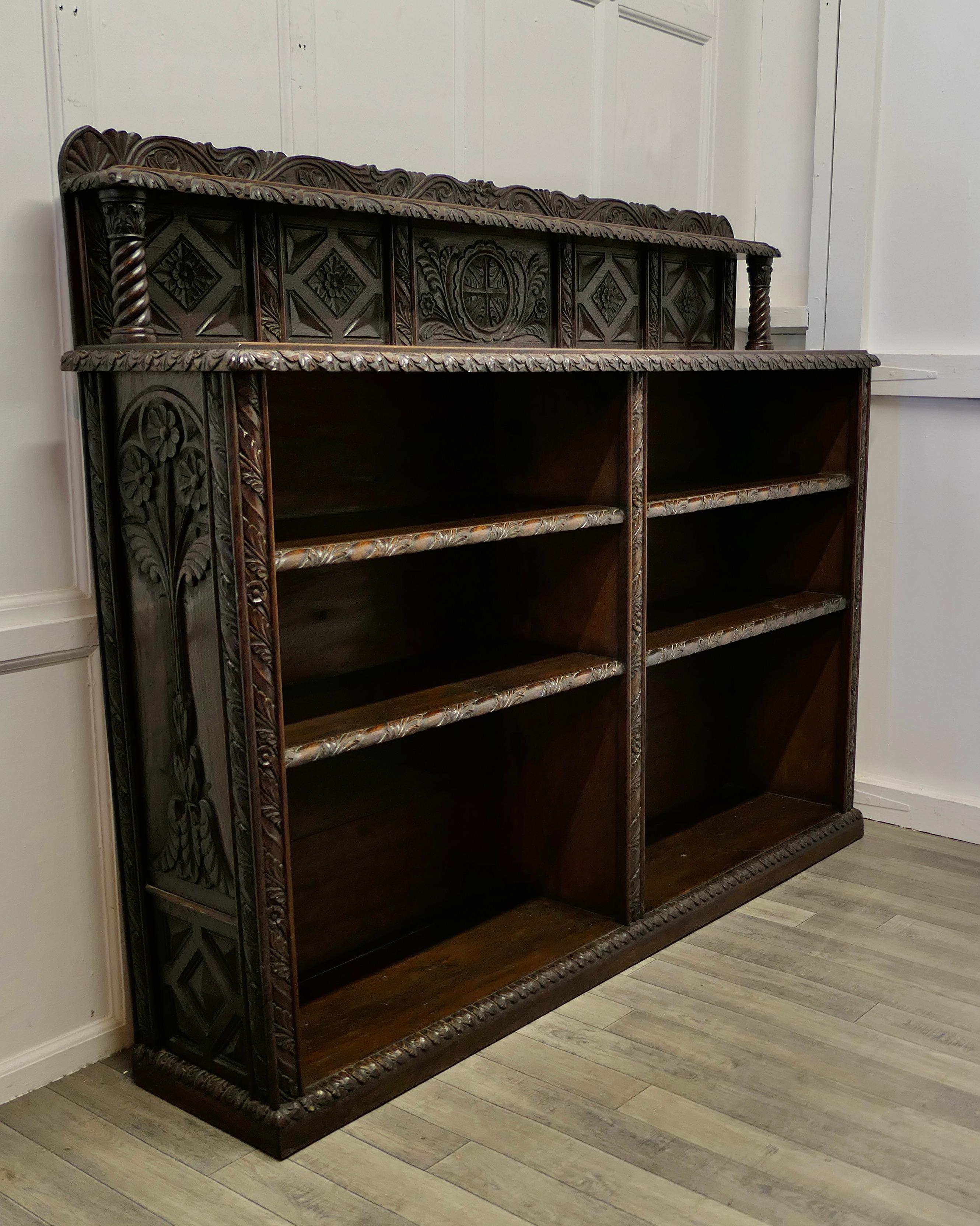 19th Century Long Carved Arts and Crafts Gothic Oak Open Book Case    For Sale