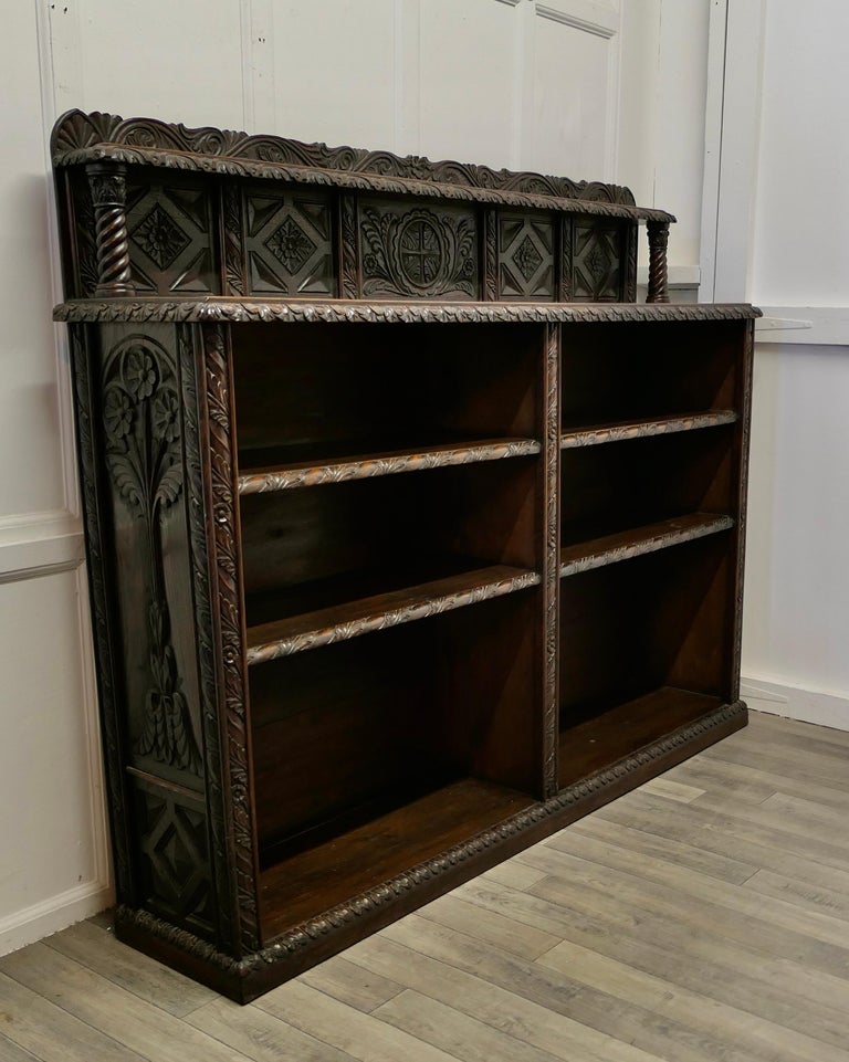 Long Carved Arts and Crafts Gothic Oak Open Book Case For Sale at 1stDibs