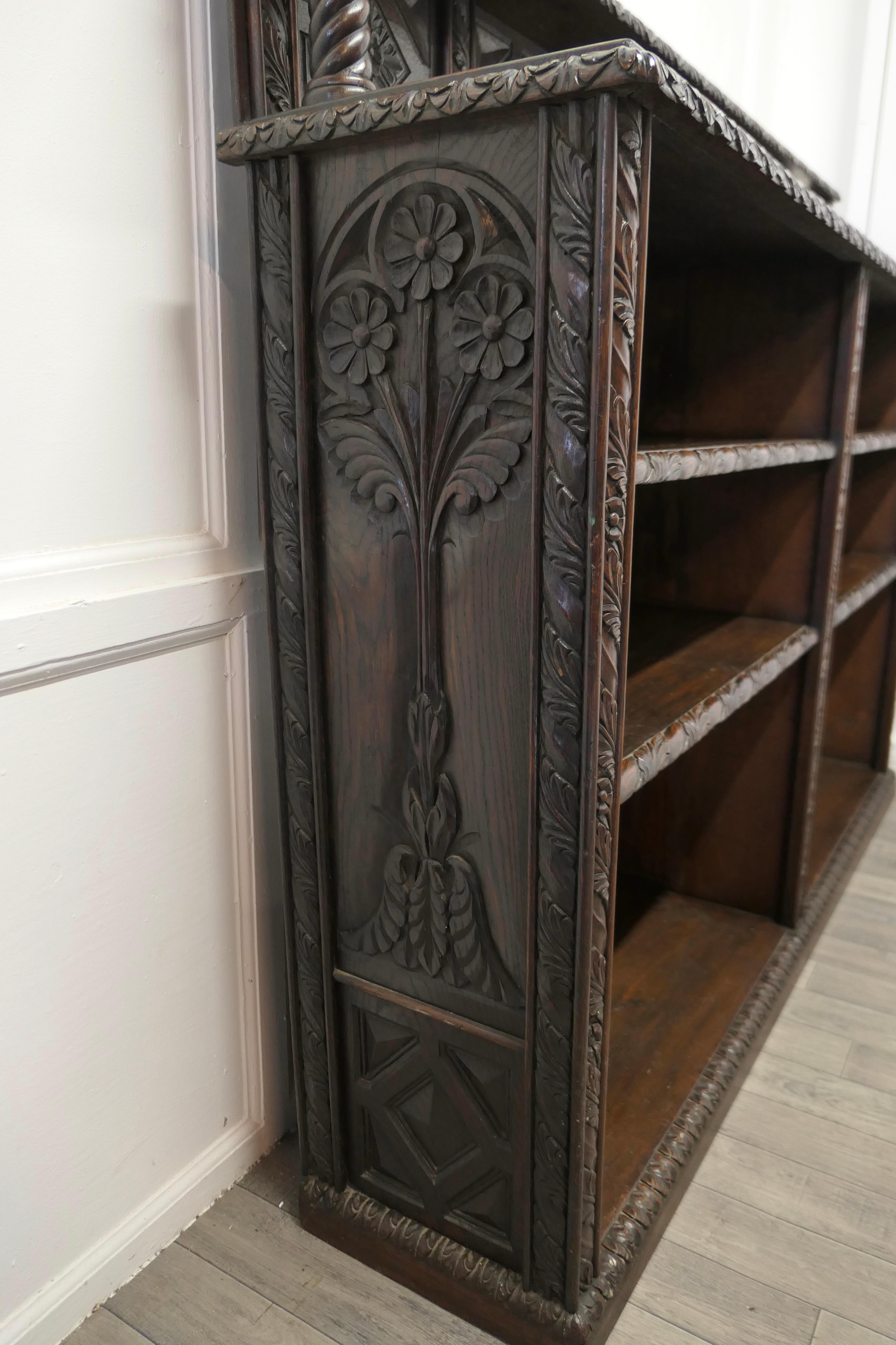 Long Carved Arts and Crafts Gothic Oak Open Book Case    For Sale 3