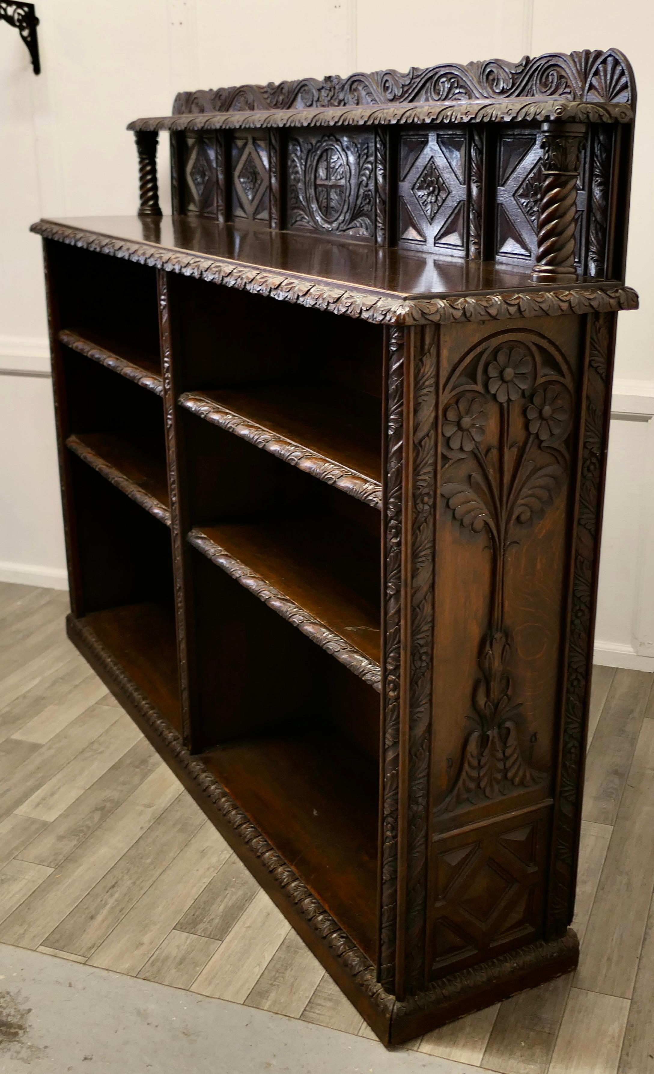 Long Carved Arts and Crafts Gothic Oak Open Book Case    For Sale 5