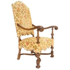 lunga in legno di noce intagliato braccioli alto schienale gambe tornite base X sedia a braccioli MINT!