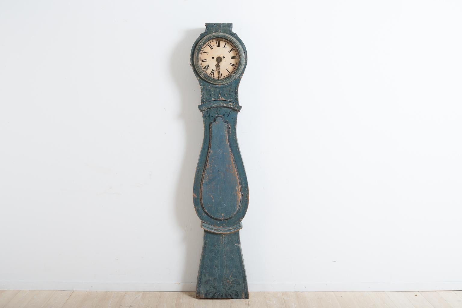 Folk Art Long Case Clock from the Year 1800 with Original Blue Paint