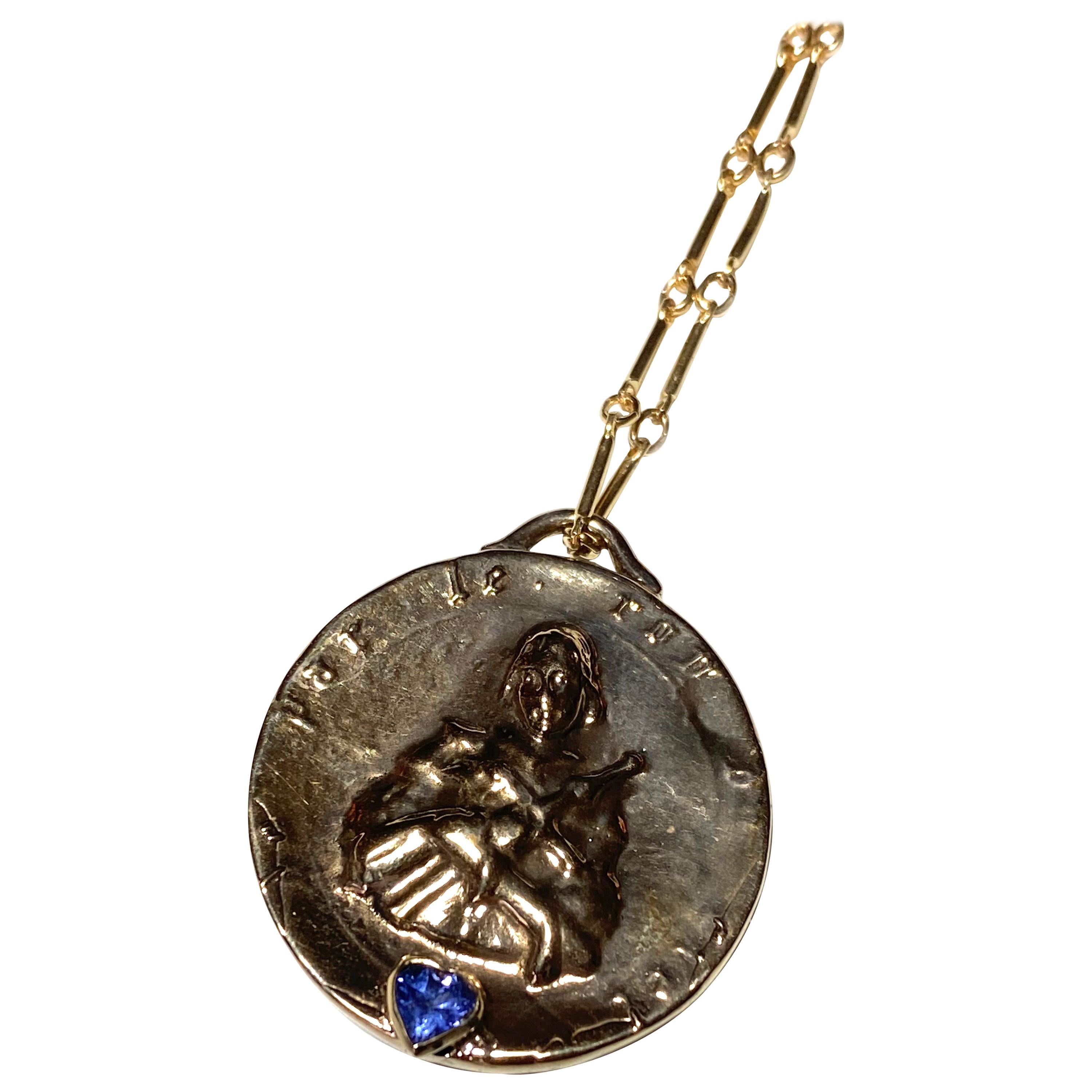 Long Chain Medal Necklace Heart Joan of Arc Coin Tanzanite J Dauphin For Sale