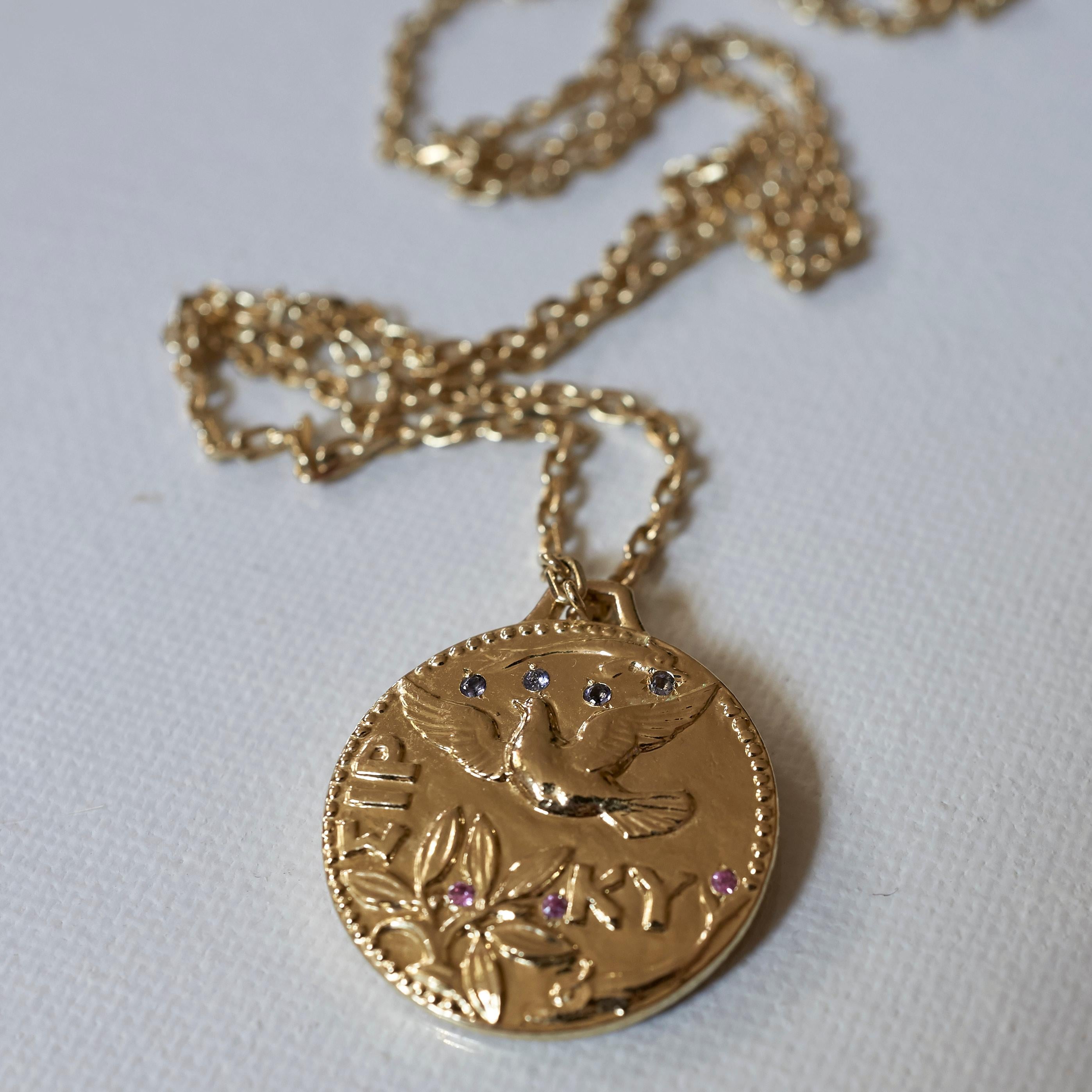 Romantic Long Chain Medal Necklace Pink Sapphire Tanzanite Dove Pegasus Greek J Dauphin For Sale